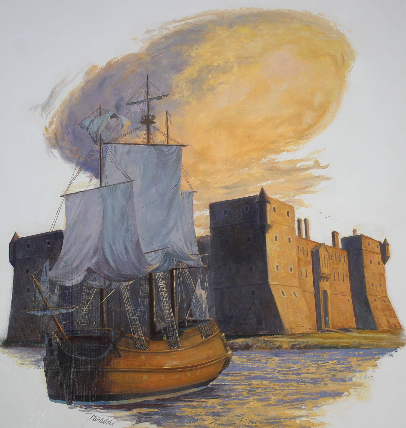 Shannon Stirnweis (B. 1931) "Ft. Chambly": Shannon Stirnweis (Arizona, New York, New Hampshire Oregon, B. 1931) "Ft. Chambly" Signed lower left. Original Oil painting on Illustration Board. Provenance: Collection of James A. Helzer (1946-2008)