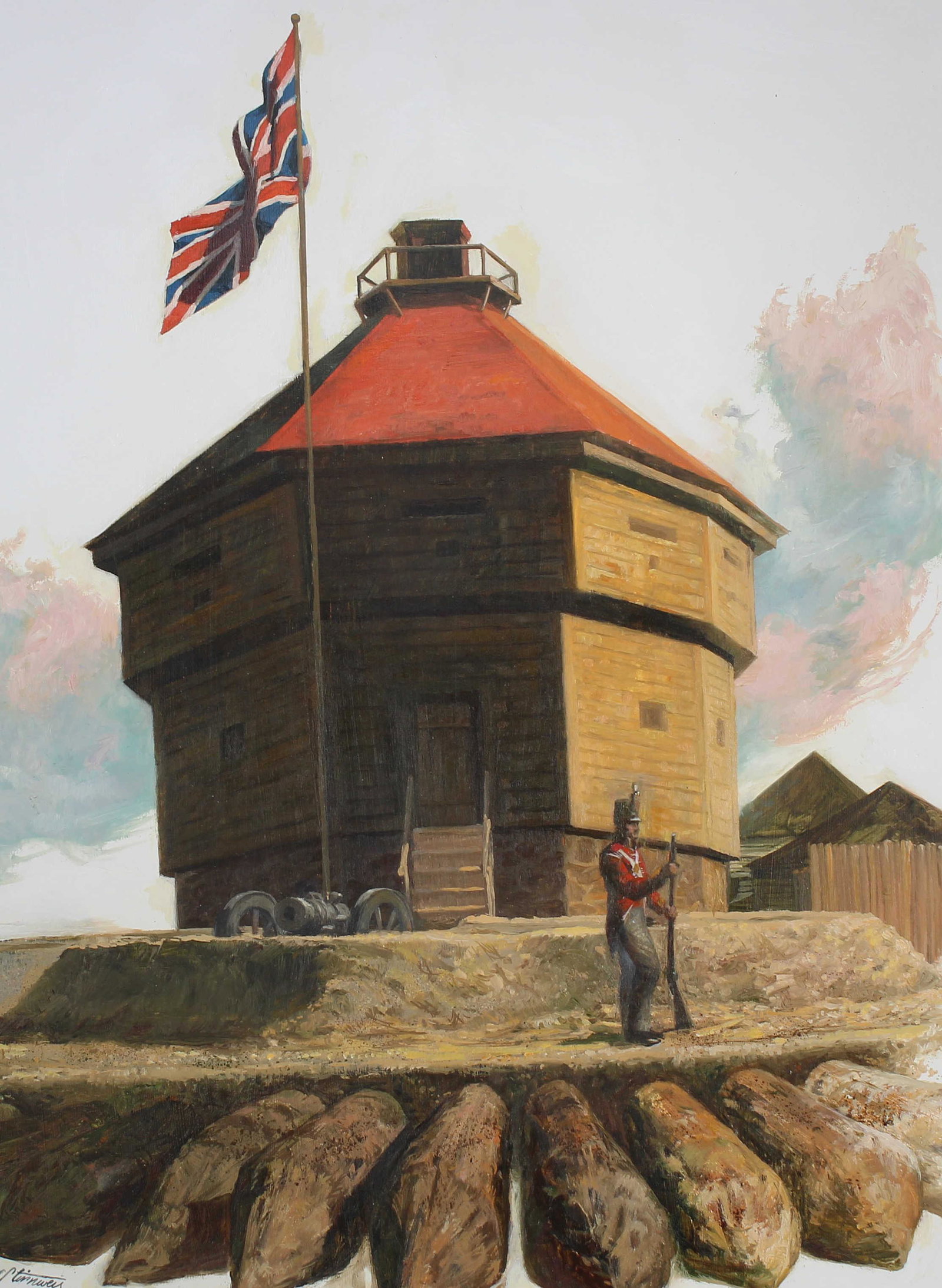 Shannon Stirnweis (B. 1931) "Fort Coteau-du-Lac": Shannon Stirnweis (Arizona, New York, New Hampshire Oregon, B. 1931) "Fort Coteau-du-Lac" Signed lower left. Original Oil painting on Illustration Board. Provenance: Collection of James A. Helzer (194
