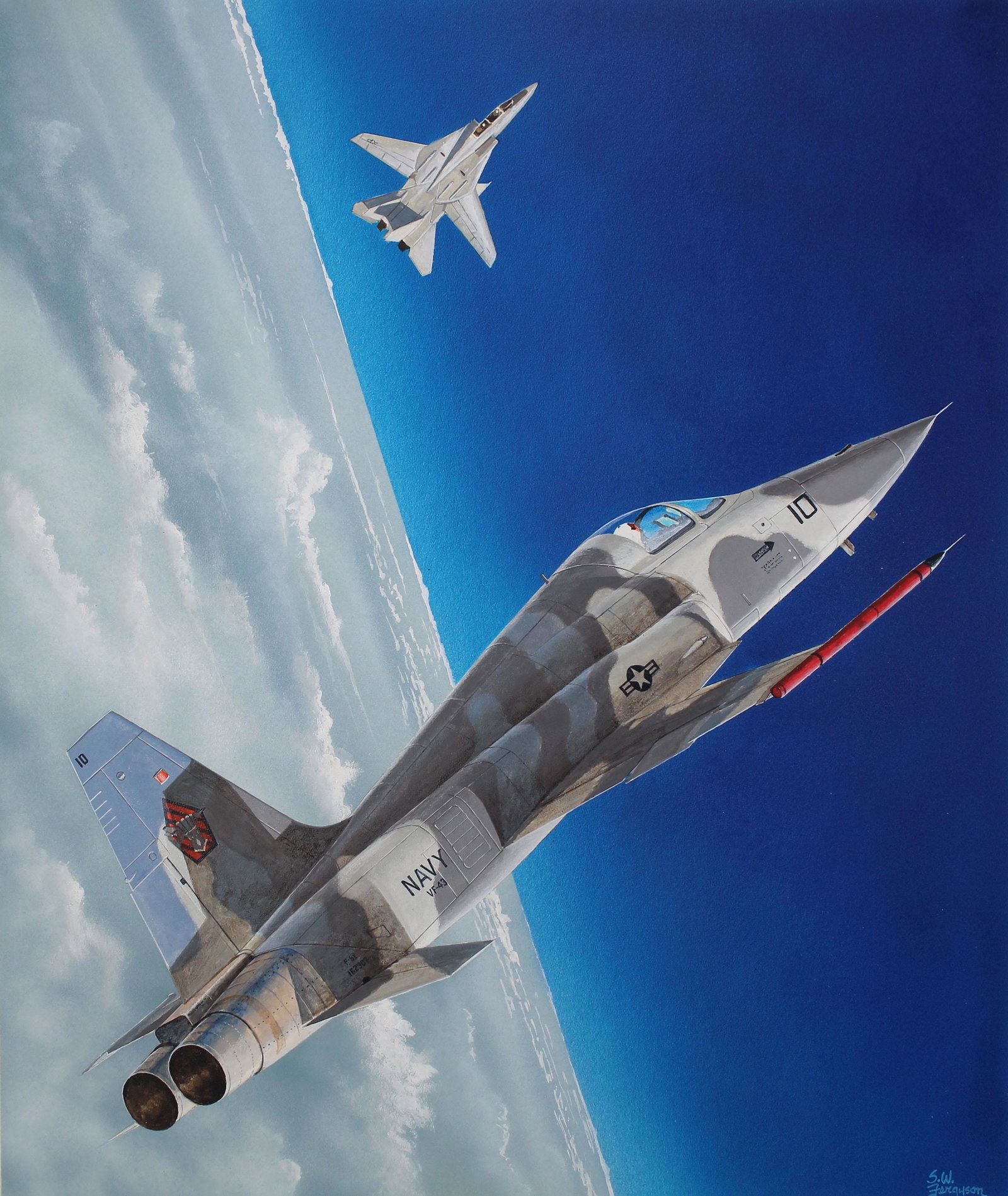 Steve Ferguson (B. 1946) "F-5E Tiger II": Steve Ferguson (American, B. 1946) "F-5E Tiger II" Original Mixed Media painting on Illustration Board. Signed lower right. Provenance: Collection of James A. Helzer (1946-2008), Founder of Unicover C