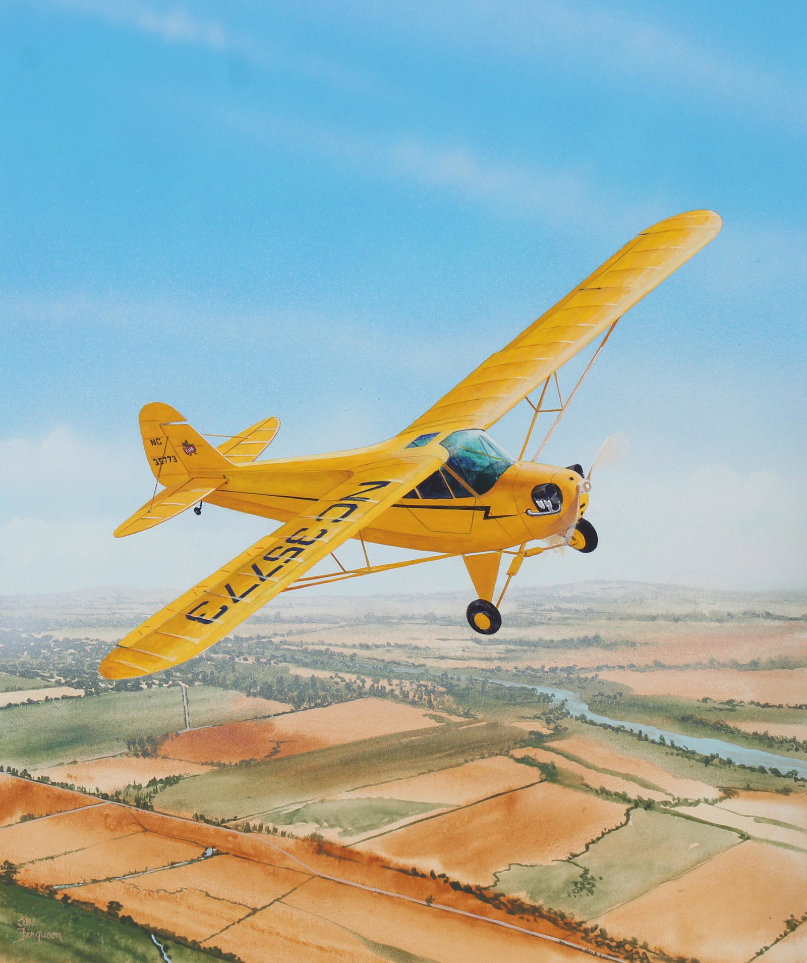 Steve Ferguson (B. 1946) "Piper Cub": Steve Ferguson (American, B. 1946) "Piper Cub" Signed lower left. Original Mixed Media on Cold Press Illustration Board. Provenance: Collection of James A. Helzer (1946-2008), Founder of Unicover Corp