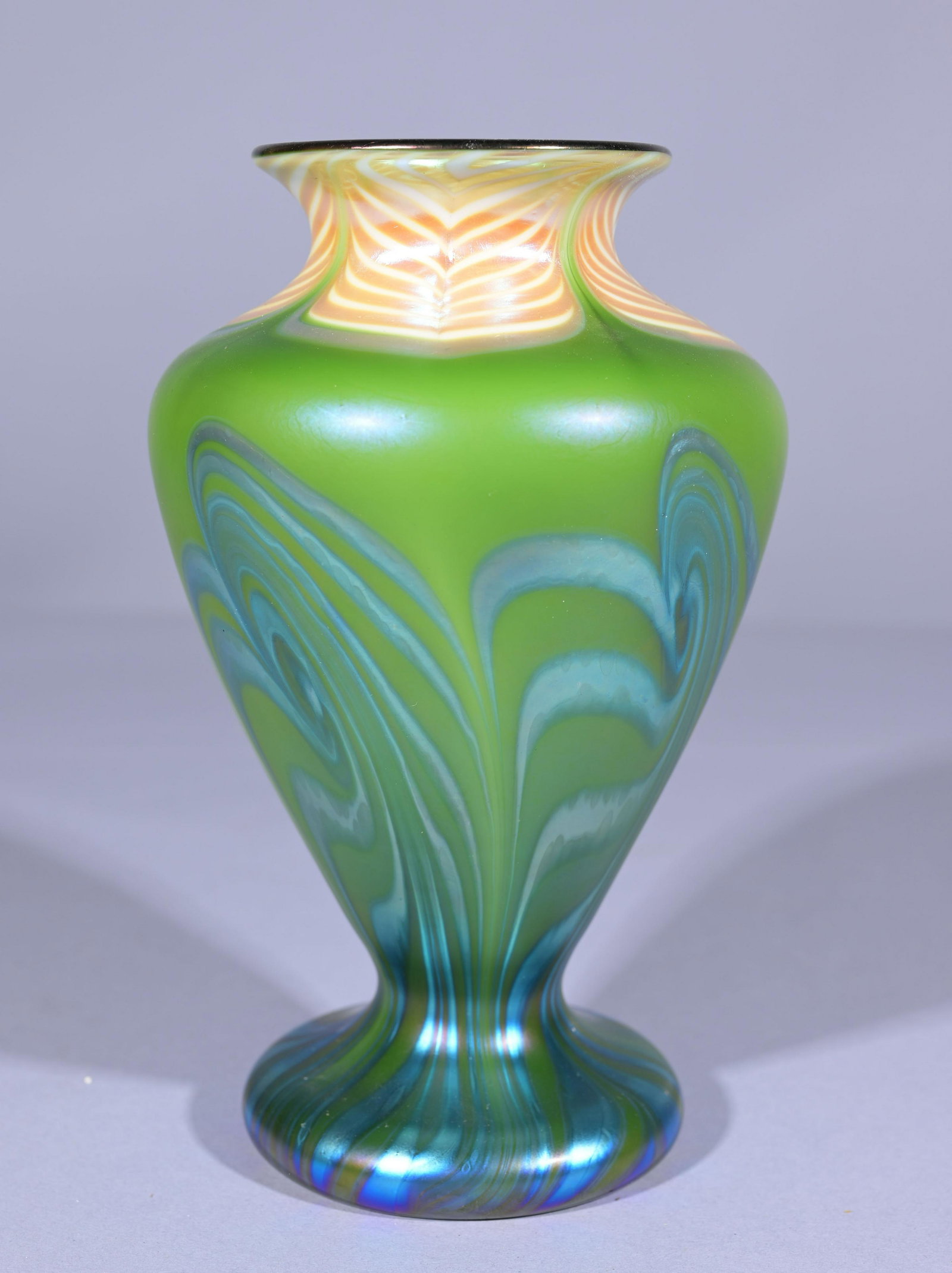 Tiffany, Favrile Glass Vase: Tiffany Favrile Glass Vase. Marked on base. Height: 7.25 in.
