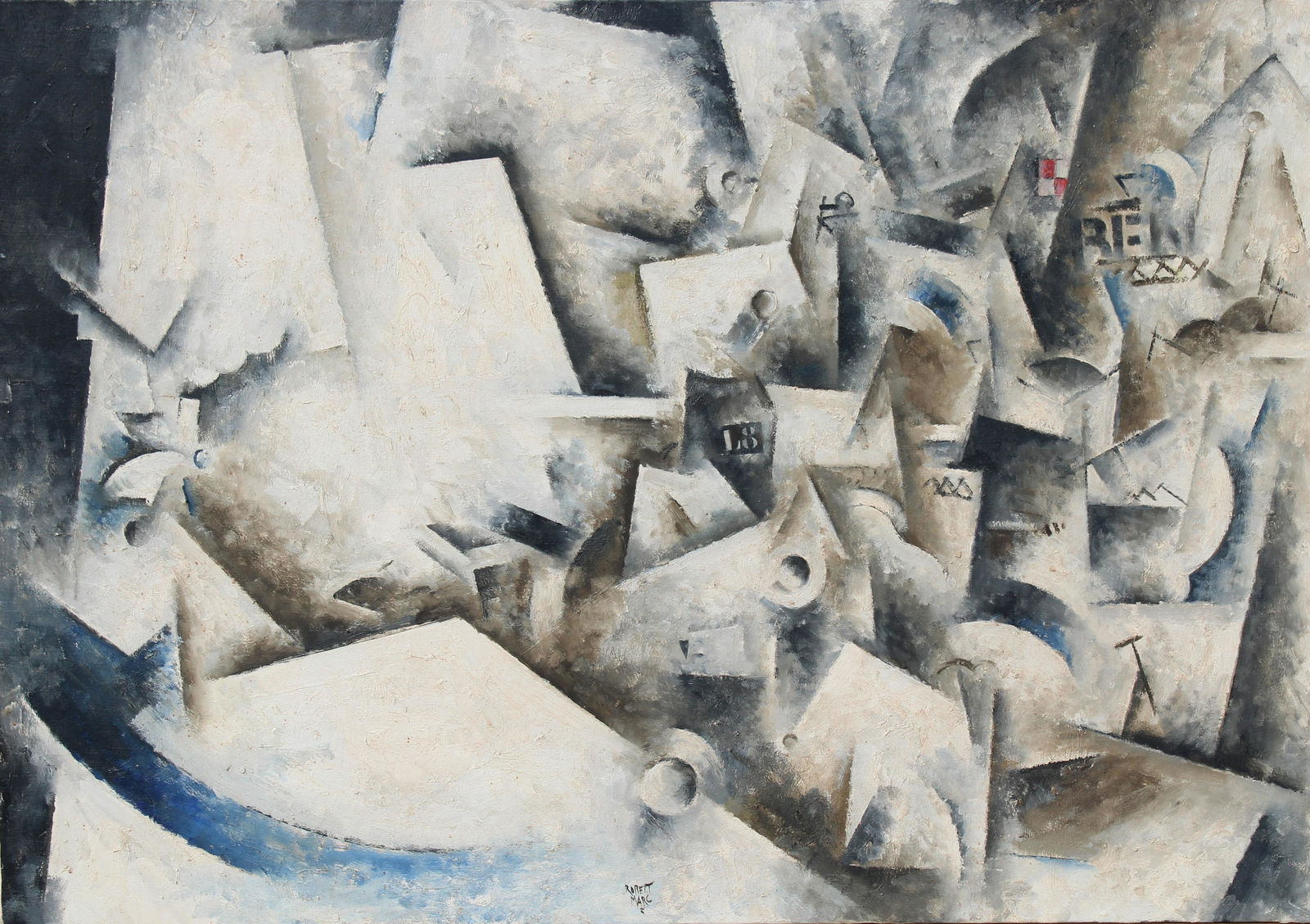 Robert Marc (1943-1993) Monumental Cubist Painting: Robert Marc (Swiss/French, 1943 - 1993) Monumental Cubist abstract composition painting. Oil on Canvas. Signed lower center. Sight Size: 35 x 50 in. Overall Framed Size: 45 x 60 in.