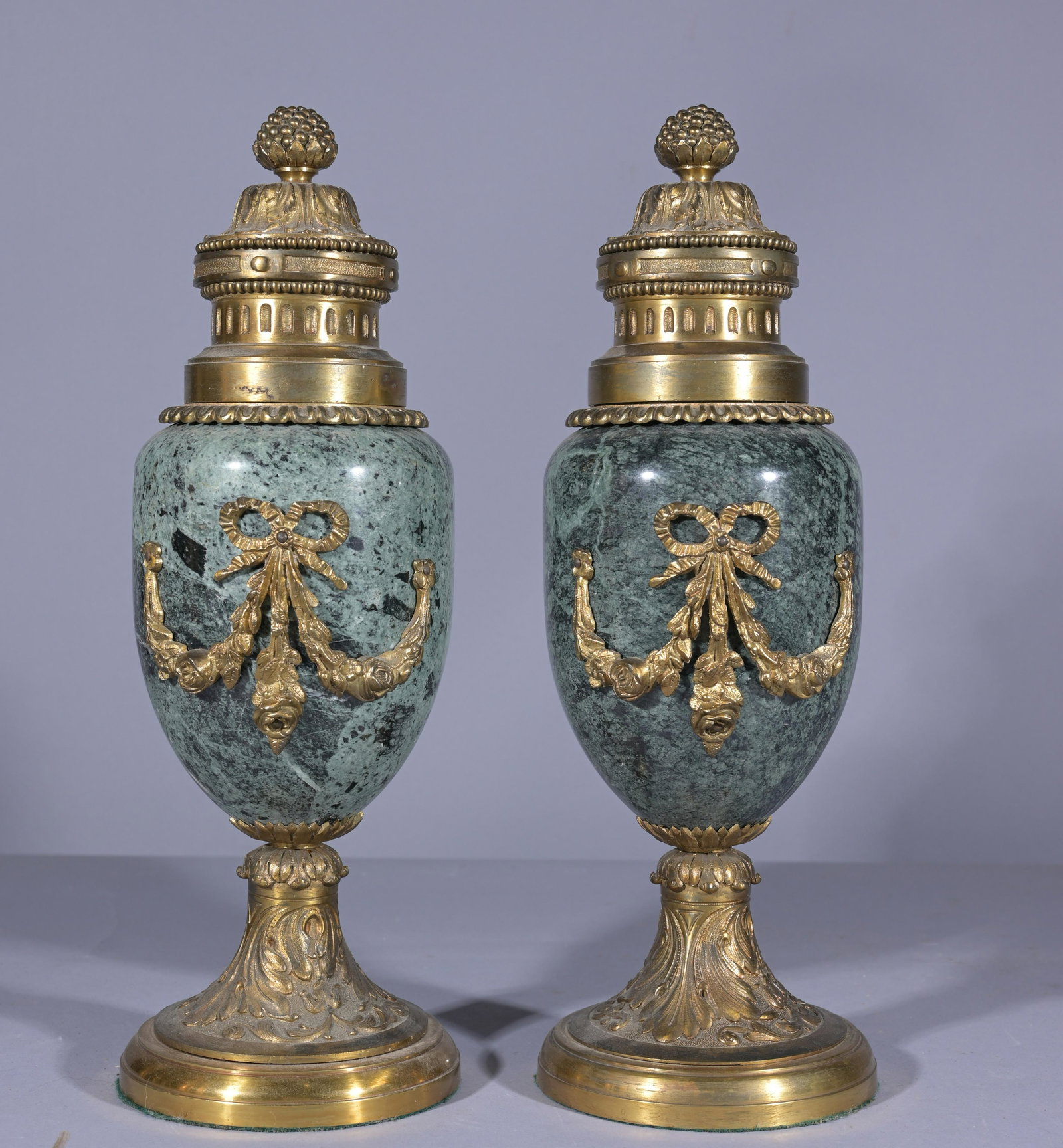 (2) Louis XVI Style Bronze Mounted Marble Cassolet: Pair of Fine Louis XVI Style Bronze Mounted Marble Cassolet. Height: 14.5 in.