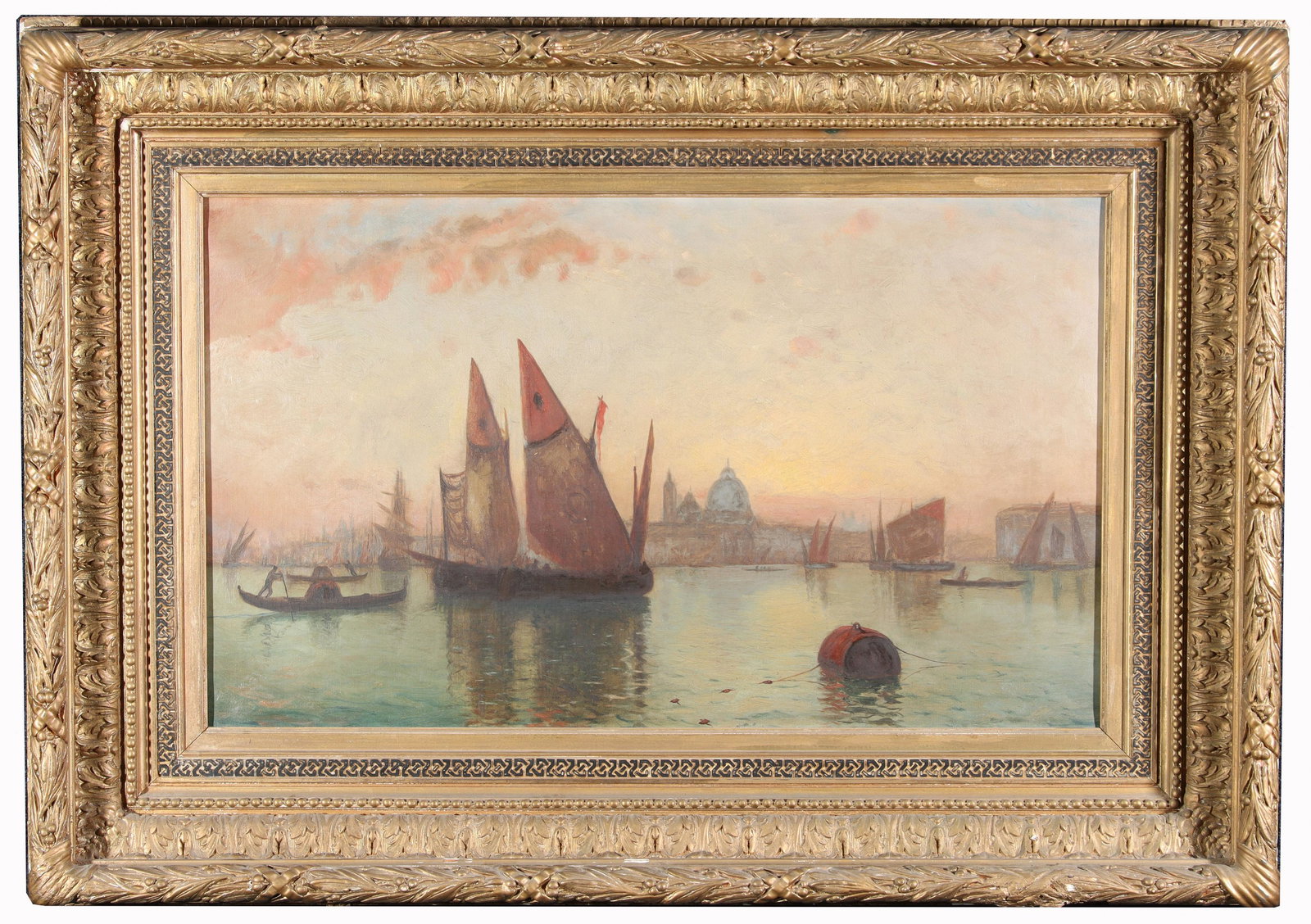 19th C. Painting of Venice Italy: 19th C. Painting of Venice Italy. Depicting gondolas and sailboats with Saint Mark's Basilica in the distance. Oil on Canvas. Appears to be unsigned. Sight Size: 17.5 x 29.5 in. Overall Framed Size: 2