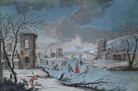 18th C. Continental Gouache/Watercolor: 18th C. Continental Gouache/Watercolor. W. Russell Button Gallery label verso. In the Manner of Joost Cornelisz Droochsloot (Dutch, 1586 - 1666) Appears to be unsigned. Sight Size: 12 x 17.75 in. Over
