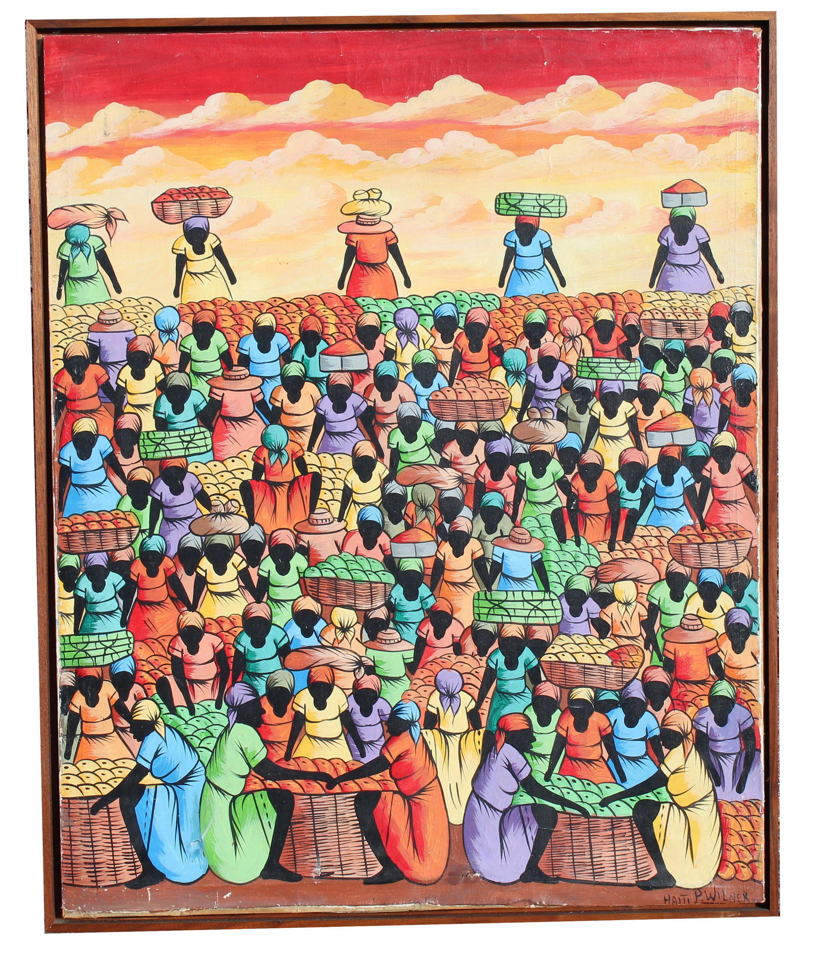 P Wilner (Haitian, 20th C.): P Wilner (Haitian, 20th C.) "Marchandes" (Market Sellers) Signed lower right. Acrylic on Canvas. Sight Size: 29.5 x 23.75 in. Overall Framed Size: 30.5 x 25 in.