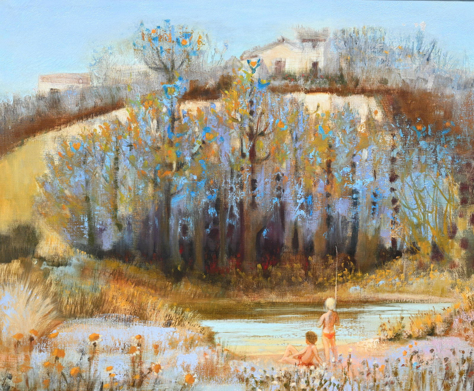 Pierre Lavarenne (B. 1928) "Boys Fishing": Pierre Lavarenne (French, B. 1928) "Boys Fishing" Oil on Canvas. Signed lower right. 'Ziegenfuss Gallery of Fine Art' label verso. Inscribed verso on canvas. Sight Size: 21.5 x 25.5 in. Overall Framed