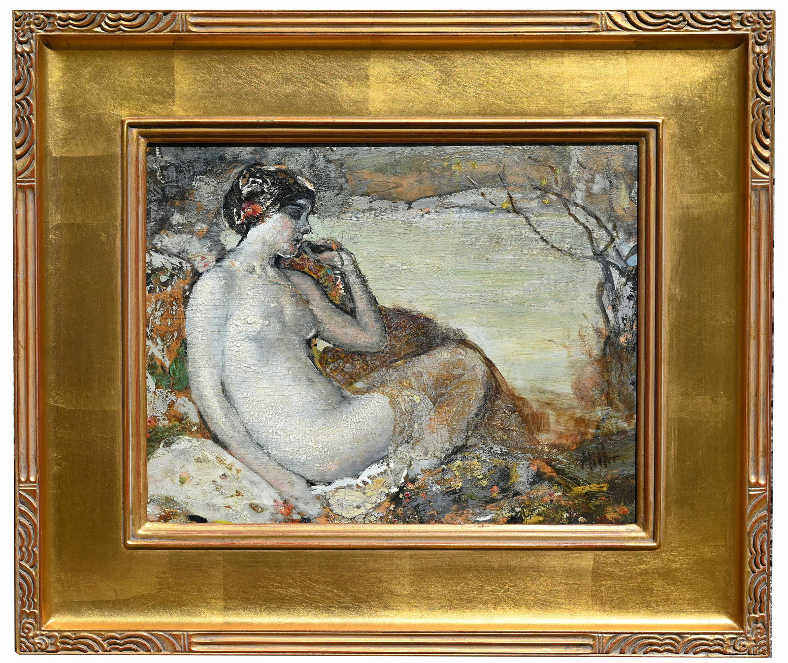 Richard Edward Miller (1875 - 1943): Richard Edward Miller (New Hampshire, Massachusetts, California, Florida, Missouri / France, 1875 - 1943) "Reclining Nude" Double-sided painting. Tempura on Panel. Signed lower right. Inscribed verso.