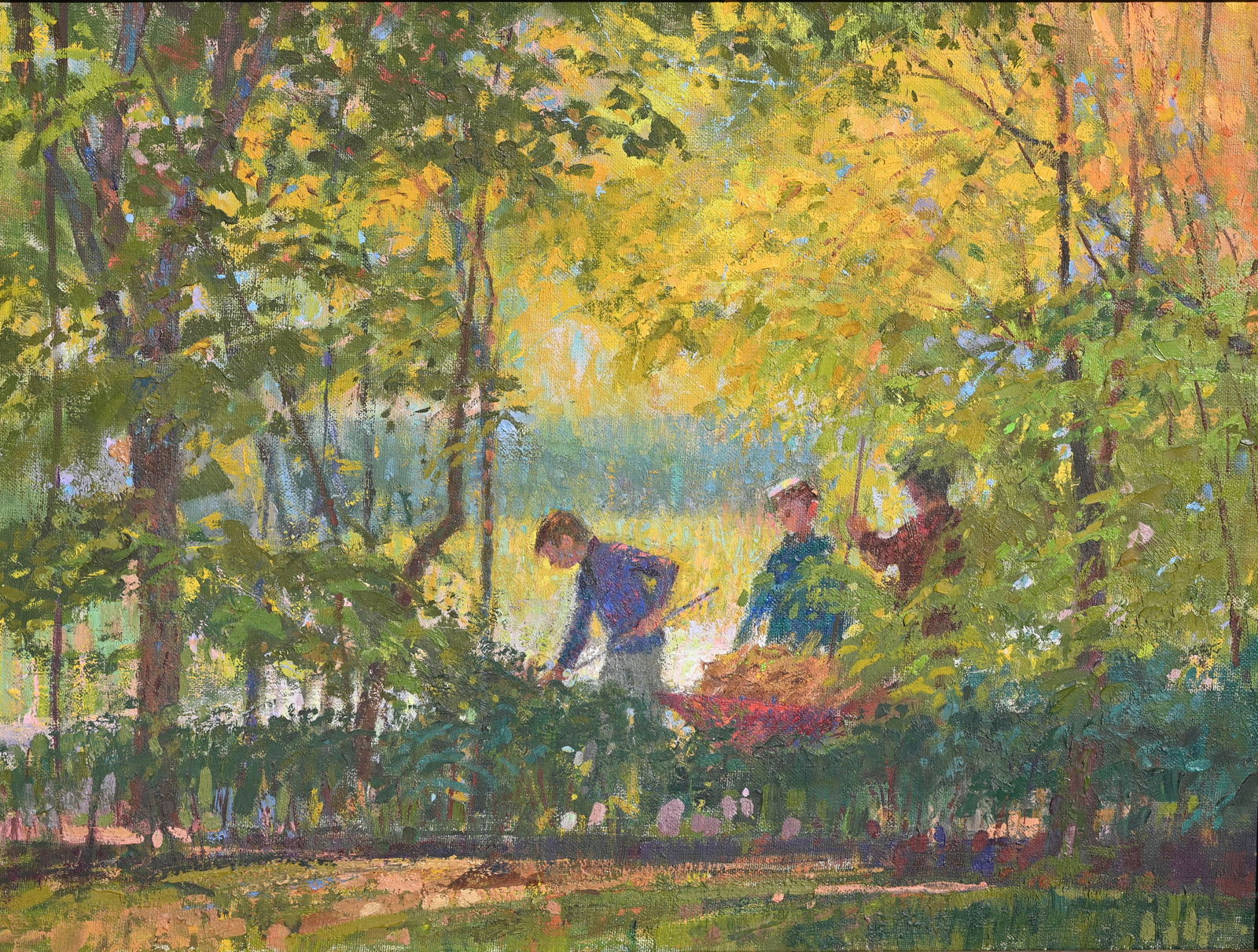 Edward Laning (NY, MO, IL, 1906 - 1981): Edward Laning (American, 1906 - 1981) Painting of 3 Men in Wooden Landscape Oil on Canvas. Appears to be unsigned. Purchased from President of Art Students League Sight Size: 18 x 24 in. Overall Frame