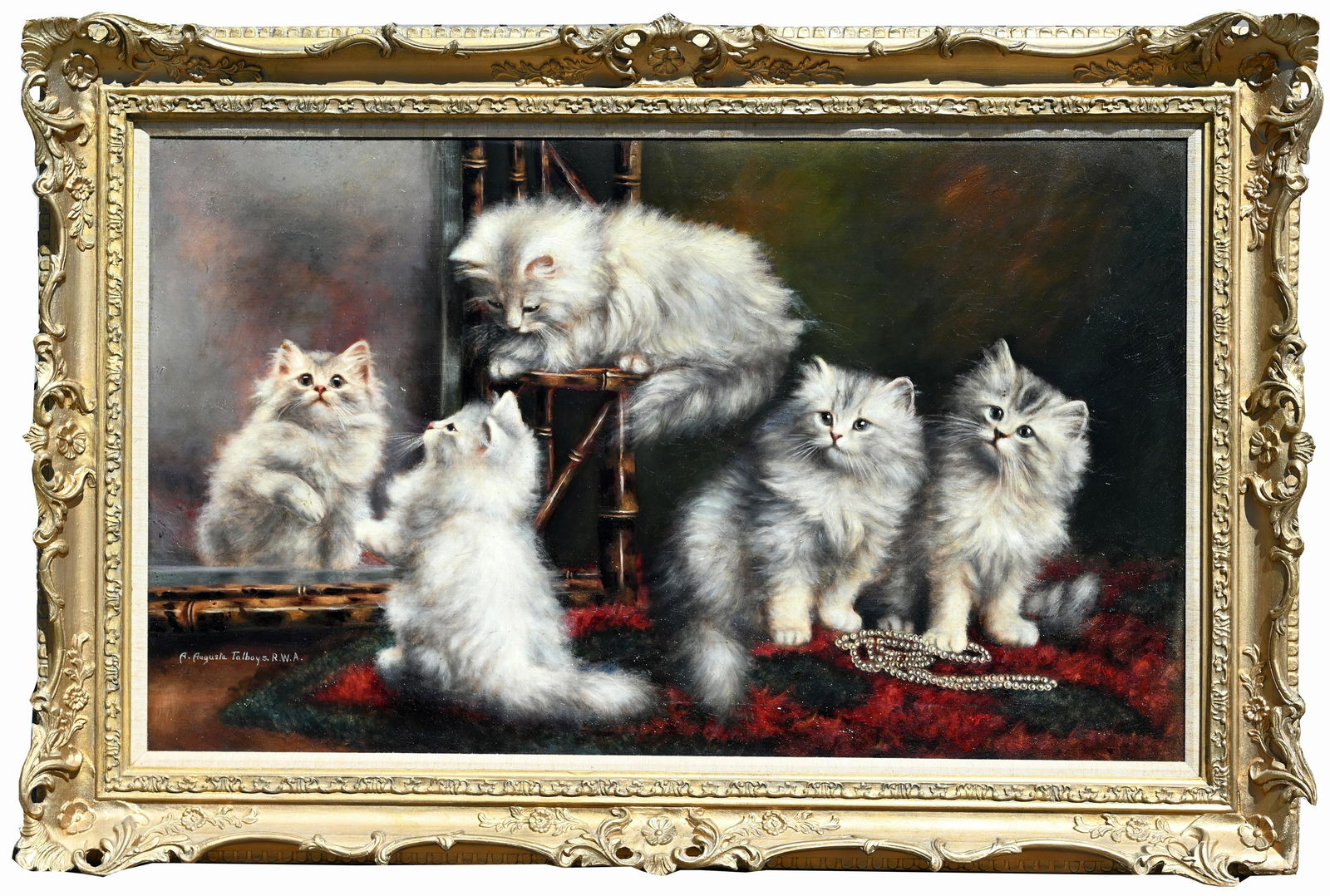 Agnes Augusta Talboys (1863 - 1941) "Coquetry": Agnes Augusta Talboys (UK, 1863 - 1941) "Coquetry" (Translated "Flirtation") Oil on Canvas. Signed lower left. Frost and Reed label verso. Sight Size: 17 x 28 in. Overall Framed Size: 22.5 x 33.5 in.