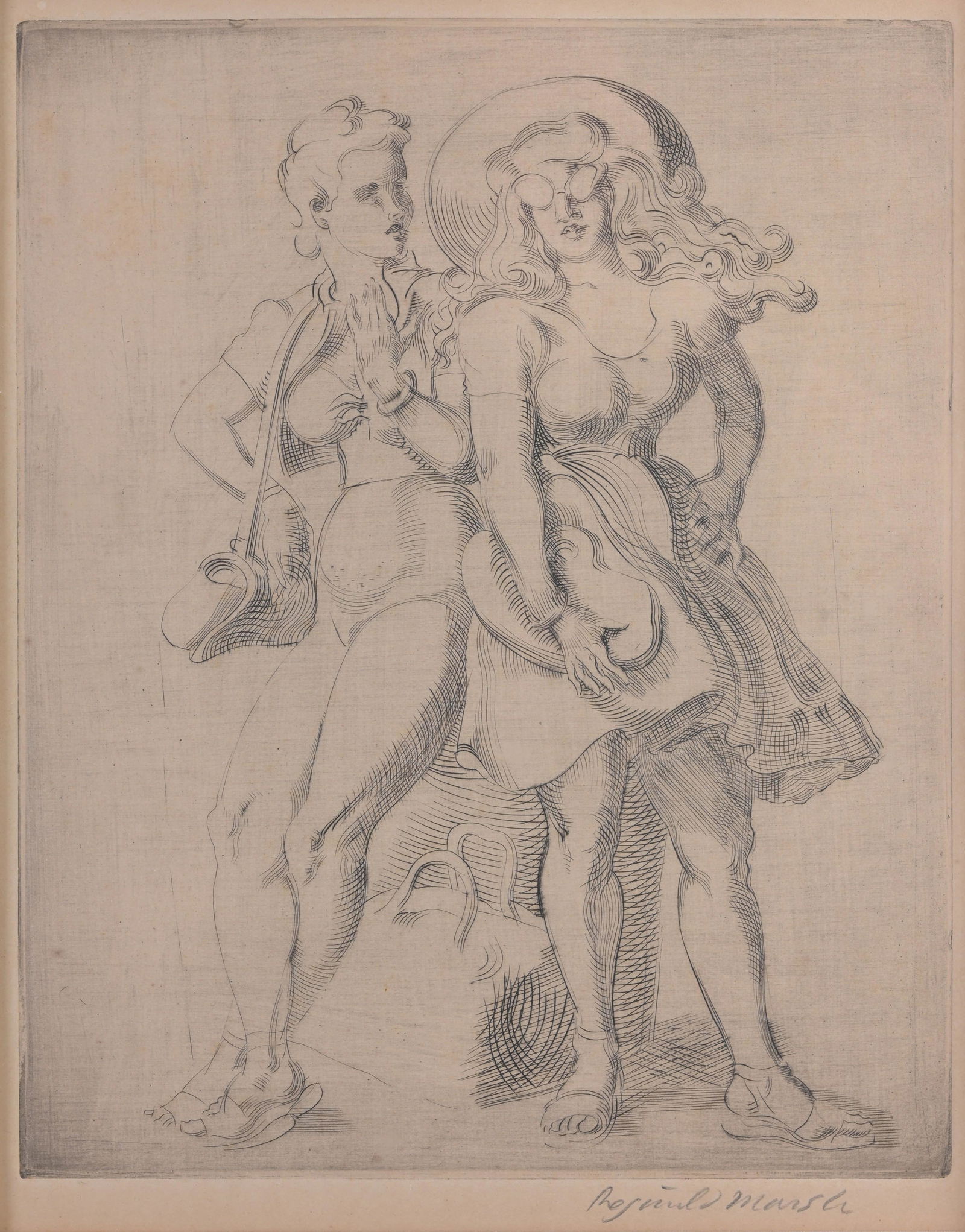 Reginald Marsh (1898 - 1984) "League Print": Reginald Marsh (American, 1898 - 1984) "League Print" - 1949 Engraving. Pencil signed lower right. Sight Size: 9.75 x 8 in. Overall Framed Size: 20 x 18 in. Framed behind glass.