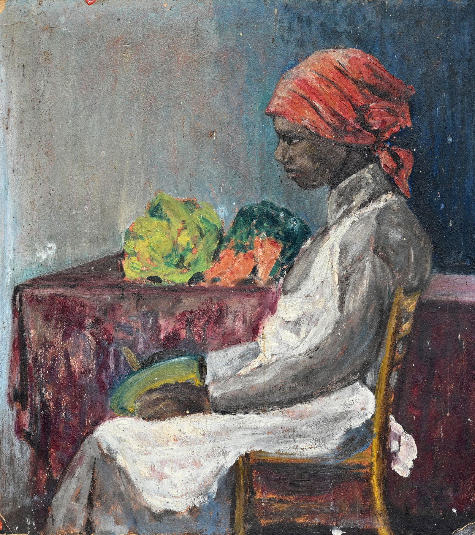 American School, Seated Black Woman: American School Painting of a Seated Black Woman in an interior setting. Oil on cardboard. Appears to be unsigned. With rough indistinct pencil sketches verso. Size: 20 x 18 in. Unframed.