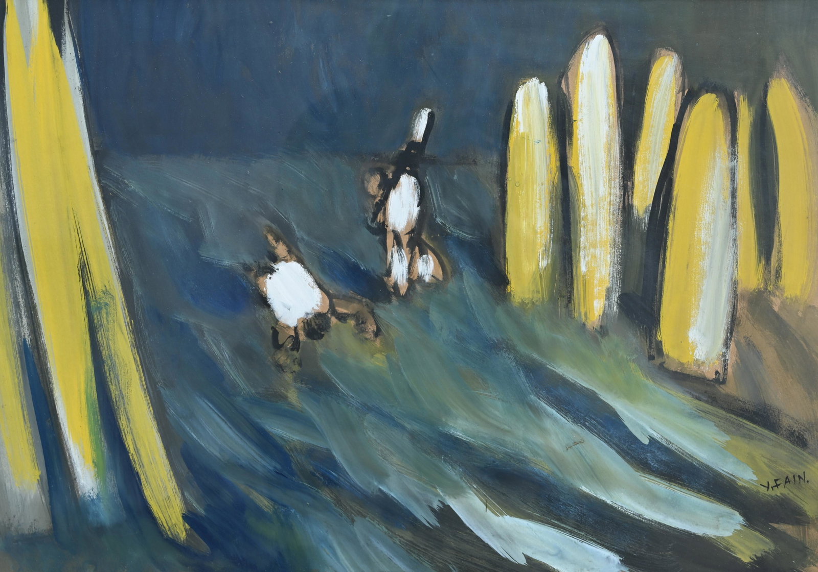 Yonia Fain (1913 - 2013): Yonia Fain (1913 - 2013) Gouache. Signed lower right. Sight Size: 19 x 26.75 in. Overall Framed Size: 26.75 x 34.5 in. Framed behind glass.