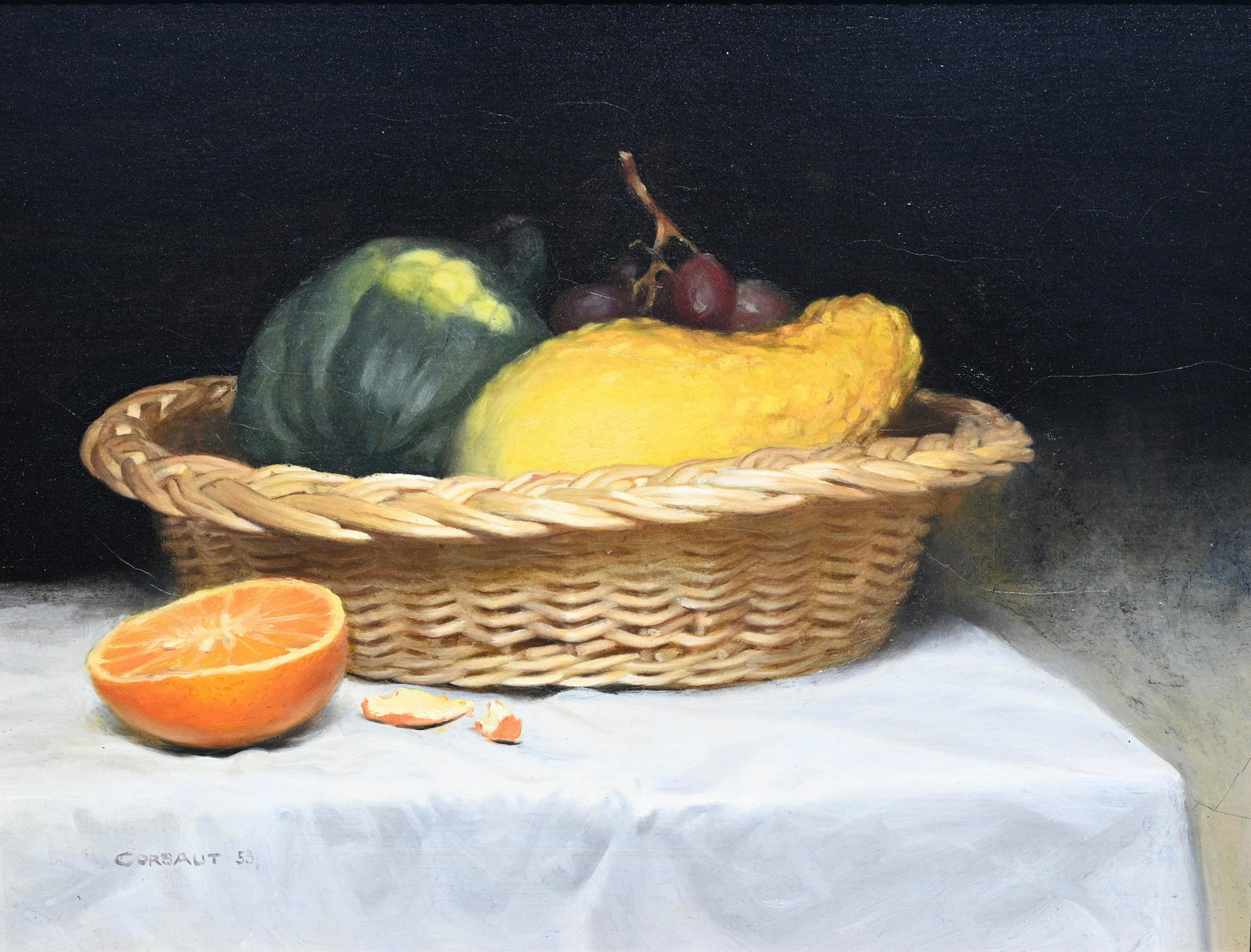 Jesse Corsaut (CA, KS, B. 1929): Jesse Corsaut (California, Kansas, B. 1929) Still life of fruit Oil on Board. Signed and dated ('53) lower left. Sight Size: 12.25 x 15.75 in. Overall Framed Size: 17 x 20.5 in.