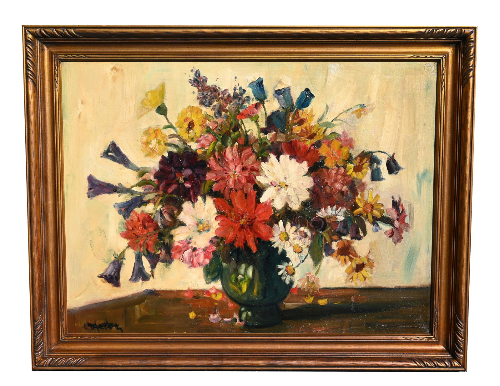 American School, 20th C. Still Life Painting: American School, 20th C. Still Life Painting. Oil on Canvas. Signed illegibly lower left. Sight Size: 23.75 x 31.75 in. Overall Framed Size: 29 x 37 in.