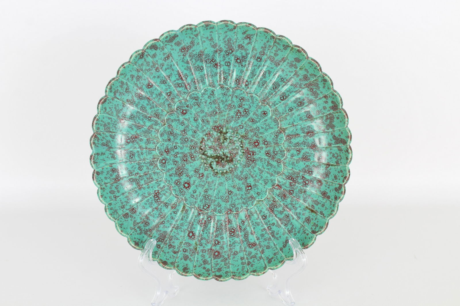 Chinese robin's egg glazed petal-rim plate: Chinese robin's egg glazed petal-rim plate. Provenance: Private Montreal, Canada estate. Dimensions: 1 5/8 x 9 in.