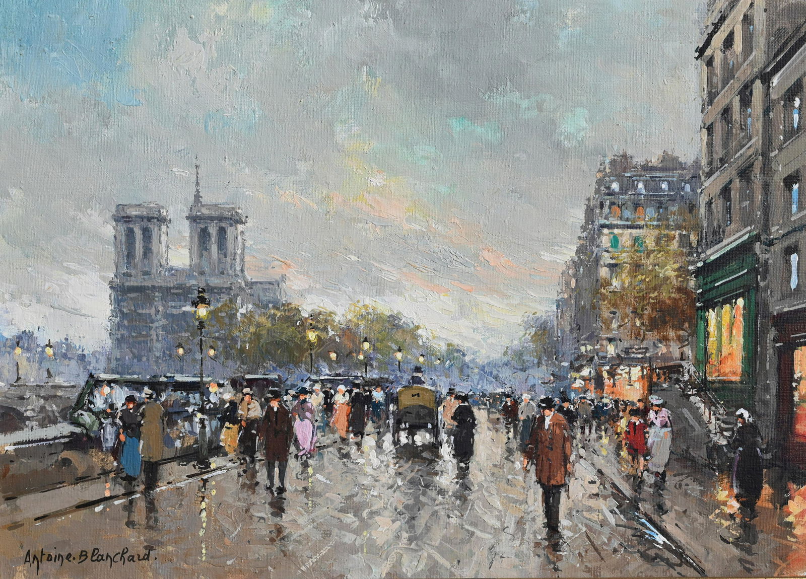Antoine Blanchard (French, 1910-1988): Antoine Blanchard (French, 1910-1988) The Quai Saint-Michel and Notre-Dame in the Background, Paris. Oil on Canvas. Signed lower left. Sight Size: 13 x 18 in. Overall Framed Size: 19.5 x 24.75 in.