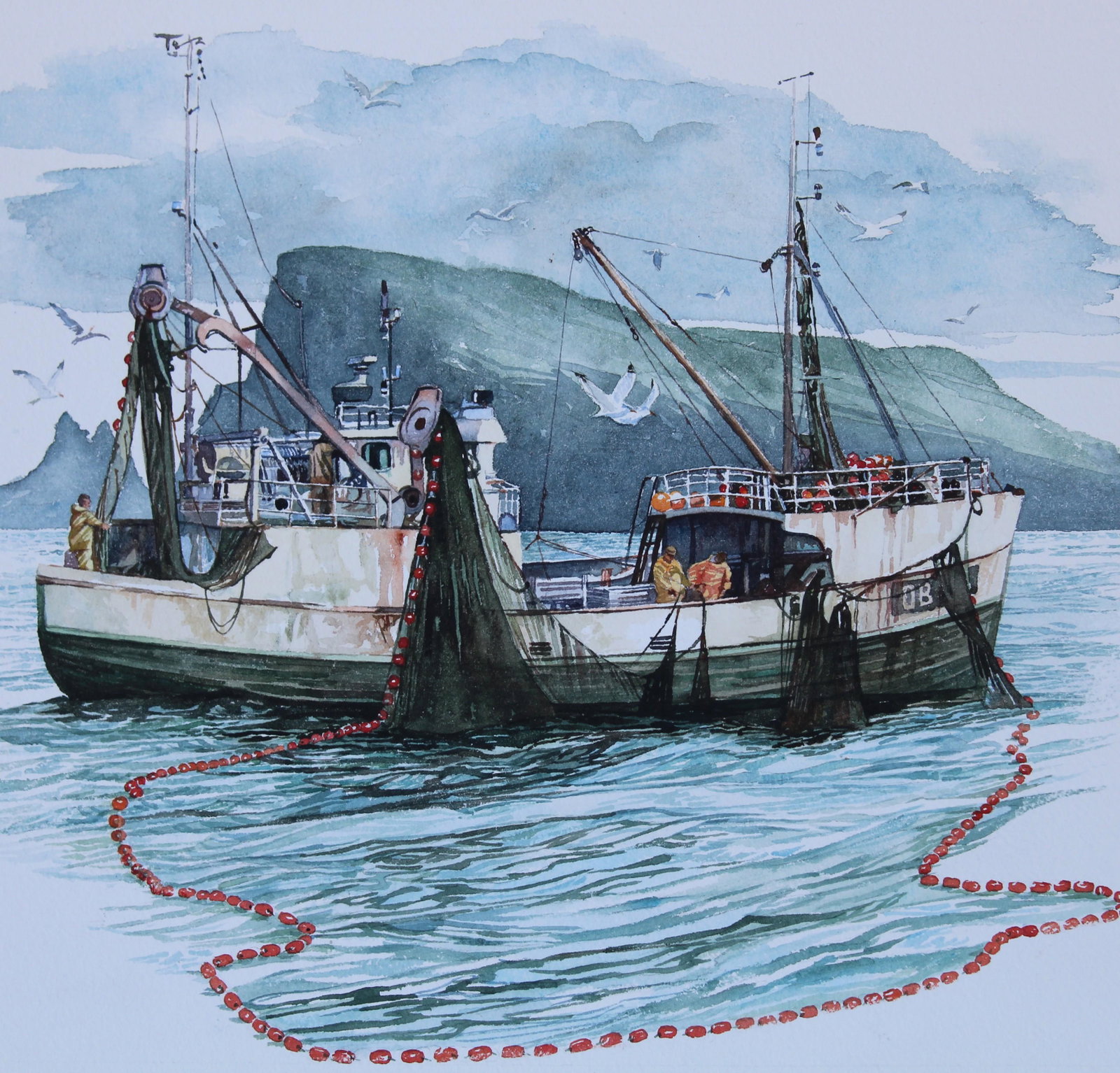 Brian Sanders (B. 1937) Purse Seiner-Fishing Boat: Brian Sanders (British, B. 1937) "Purse Seiner - Fishing Boat" Watercolor on Illustration Board. Provenance: Collection of James A. Helzer (1946-2008), Founder of Unicover Corporation. This painting w