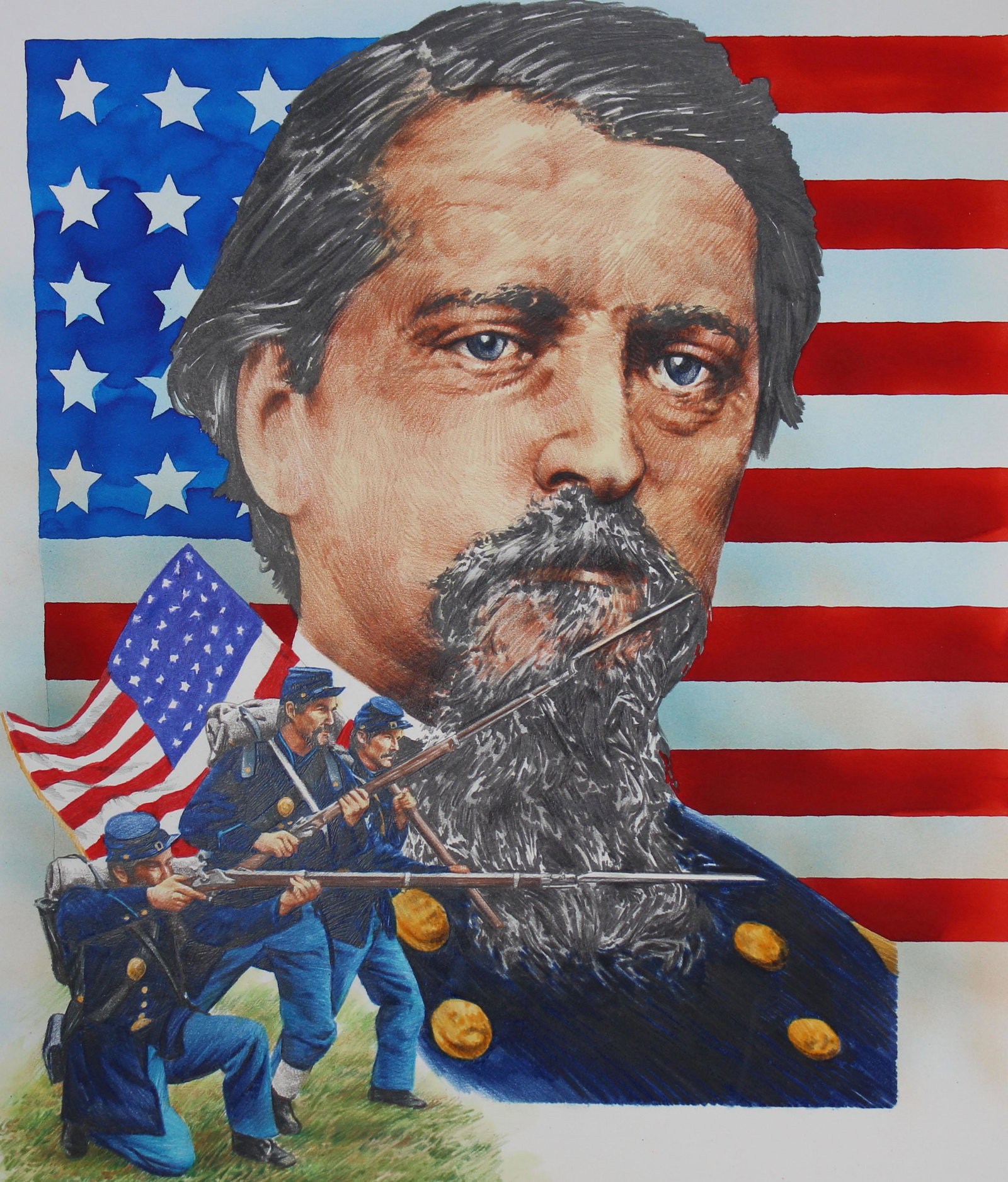 Chris Calle (B. 1961) "Winfield Hancock": Chris Calle (American, B. 1961) "Winfield Hancock" Signed lower right. Original Mixed Media on Illustration Board. Provenance: Collection of James A. Helzer (1946-2008), Founder of Unicover Corporatio
