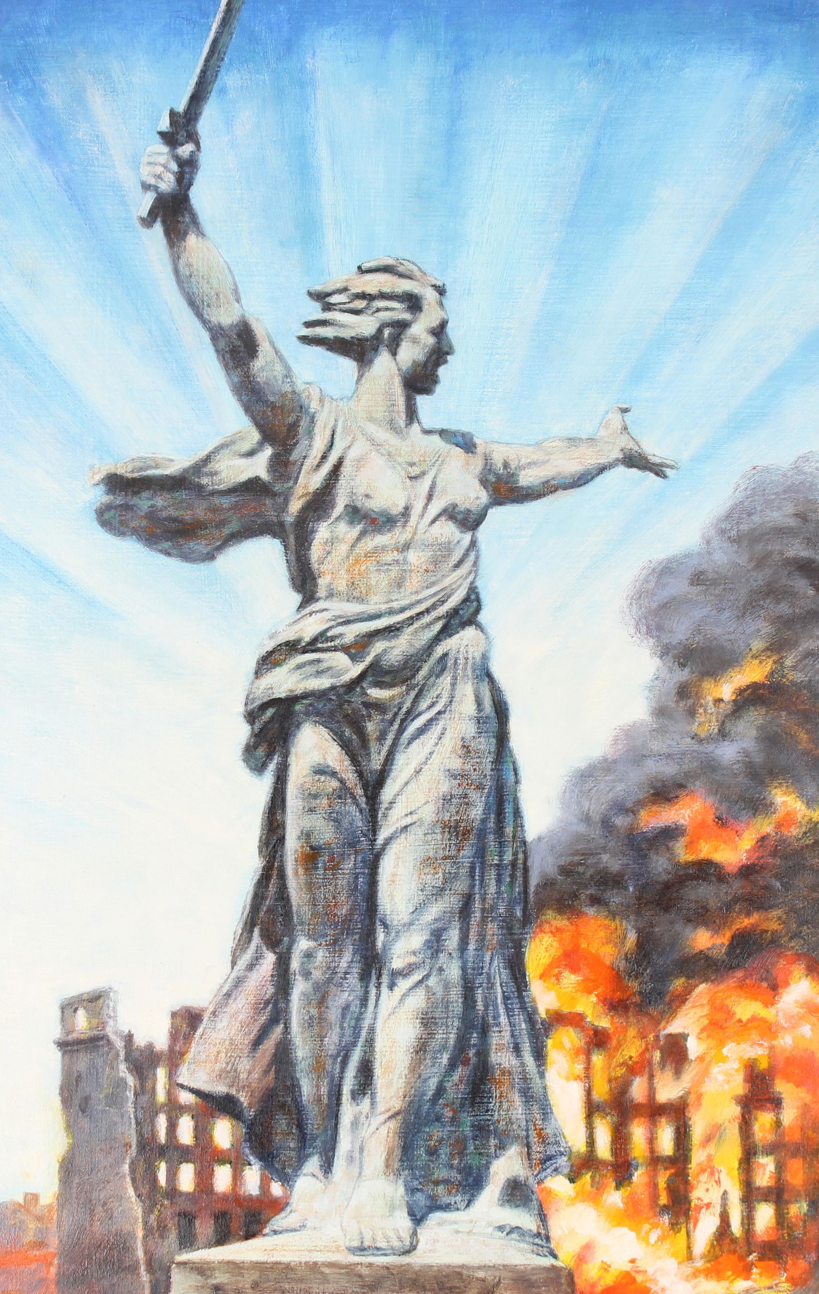 David K Stone (1922 - 2001) "Mother Russia" Oil: David K Stone (Oregon, 1922 - 2001) "Statue of "Mother Russia"" Signed lower right. Original Oil painting on Masonite. Provenance: Collection of James A. Helzer (1946-2008), Founder of Unicover Corpor