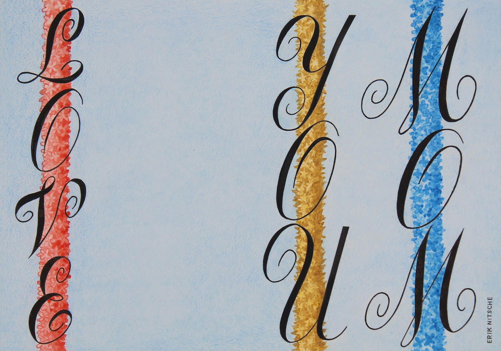 Erik Nitsche (1908 - 1998) "Love You Mom": Erik Nitsche (Swiss, 1908 - 1998) "Love You Mom" Signed lower right. Original Mixed Media on Illustration Board. Provenance: Collection of James A. Helzer (1946-2008), Founder of Unicover Corporation.