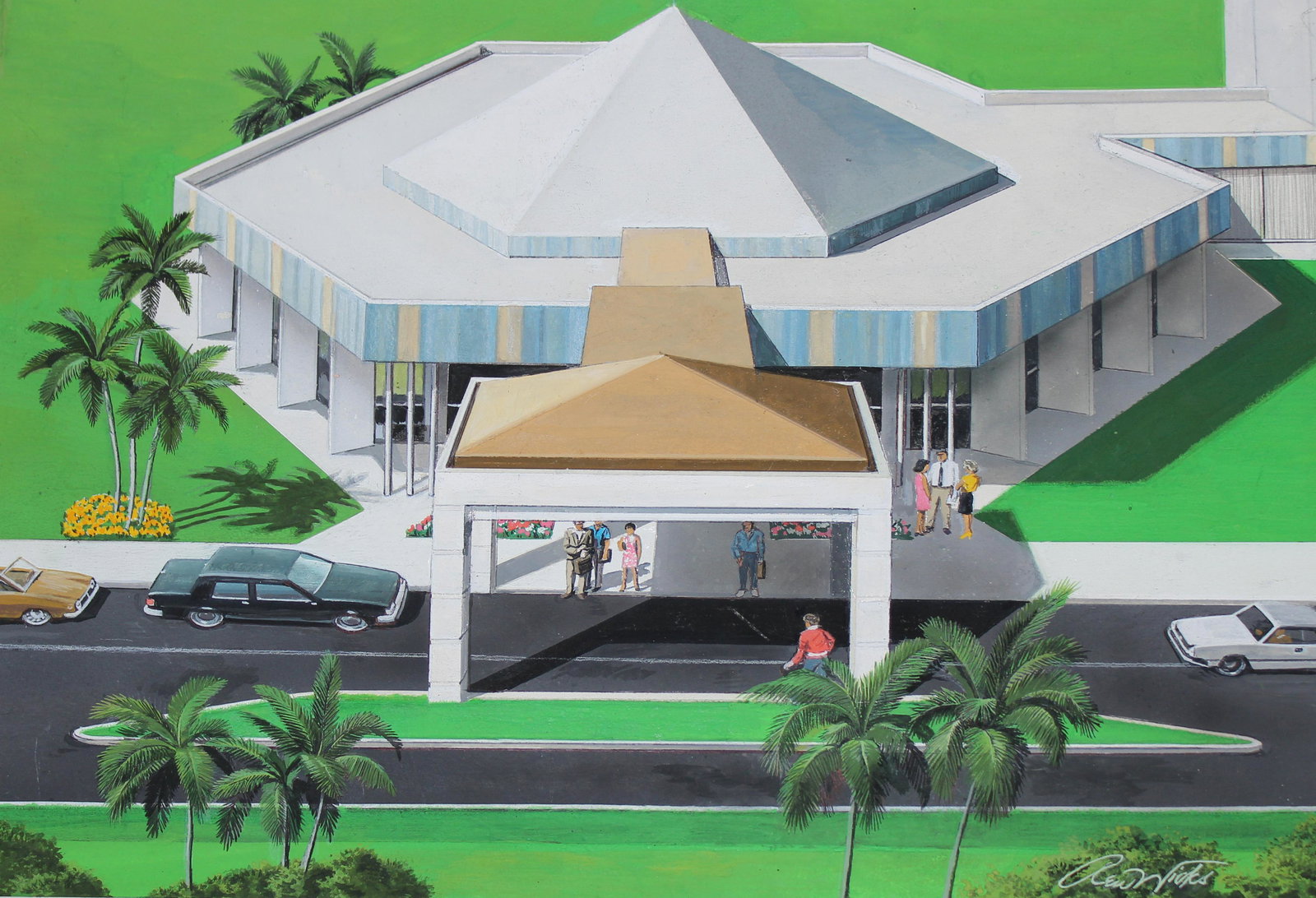 Ren Wicks (1911-1997) "Nitijela (Parliament)" Oil: Ren Wicks (American, 1911 - 1997) "Nitijela (Parliament Building)" Signed lower right. Original oil on Illustration Board. Provenance: Collection of James A. Helzer (1946-2008), Founder of Unicover Co