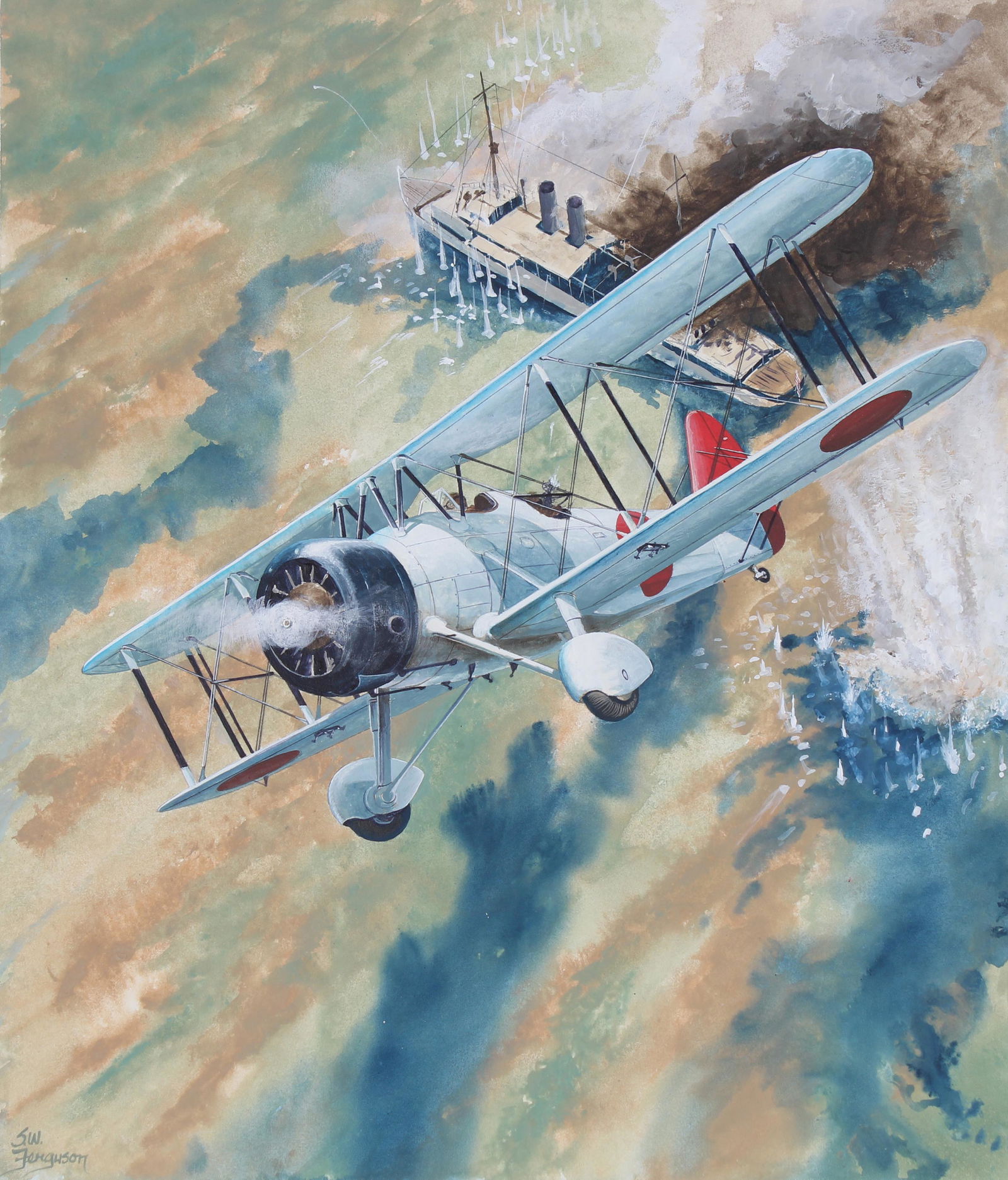 Steve Ferguson (B. 1946) "Aichi D1A2": Steve Ferguson (American, B. 1946) "Aichi D1A2" Signed lower left. Original Mixed Media painting on Cold Press Illustration Board. Provenance: Collection of James A. Helzer (1946-2008), Founder of Uni