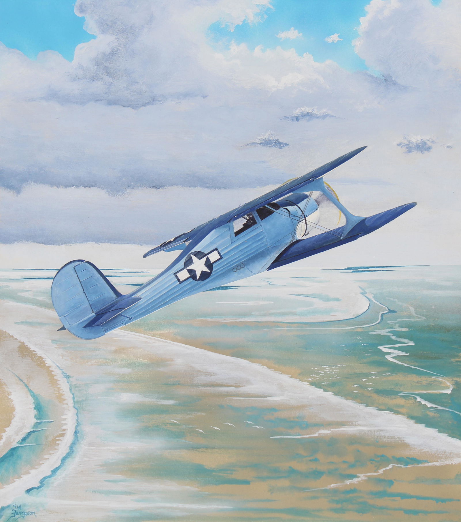 Steve Ferguson (B. 1946) "Beech Staggerwing": Steve Ferguson (American, B. 1946) "Beech Staggerwing" Signed lower left. Original Mixed Media painting on Cold Press Illustration Board. Provenance: Collection of James A. Helzer (1946-2008), Founder