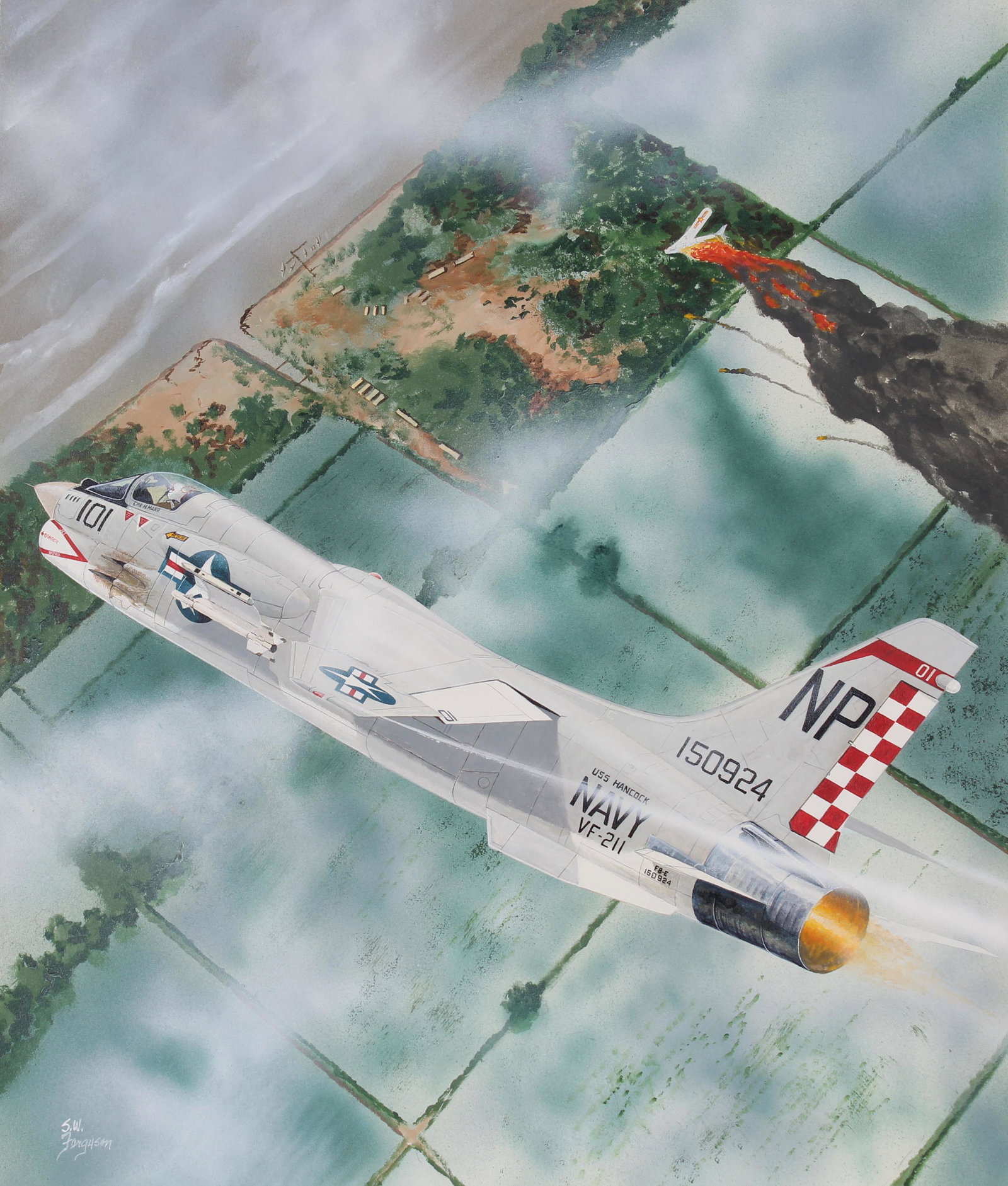 Steve Ferguson (B. 1946) "F8U Crusader": Steve Ferguson (American, B. 1946) "F8U Crusader" Signed lower left. Original Acrylic painting on Cold Press Illustration Board. Provenance: Collection of James A. Helzer (1946-2008), Founder of Unico