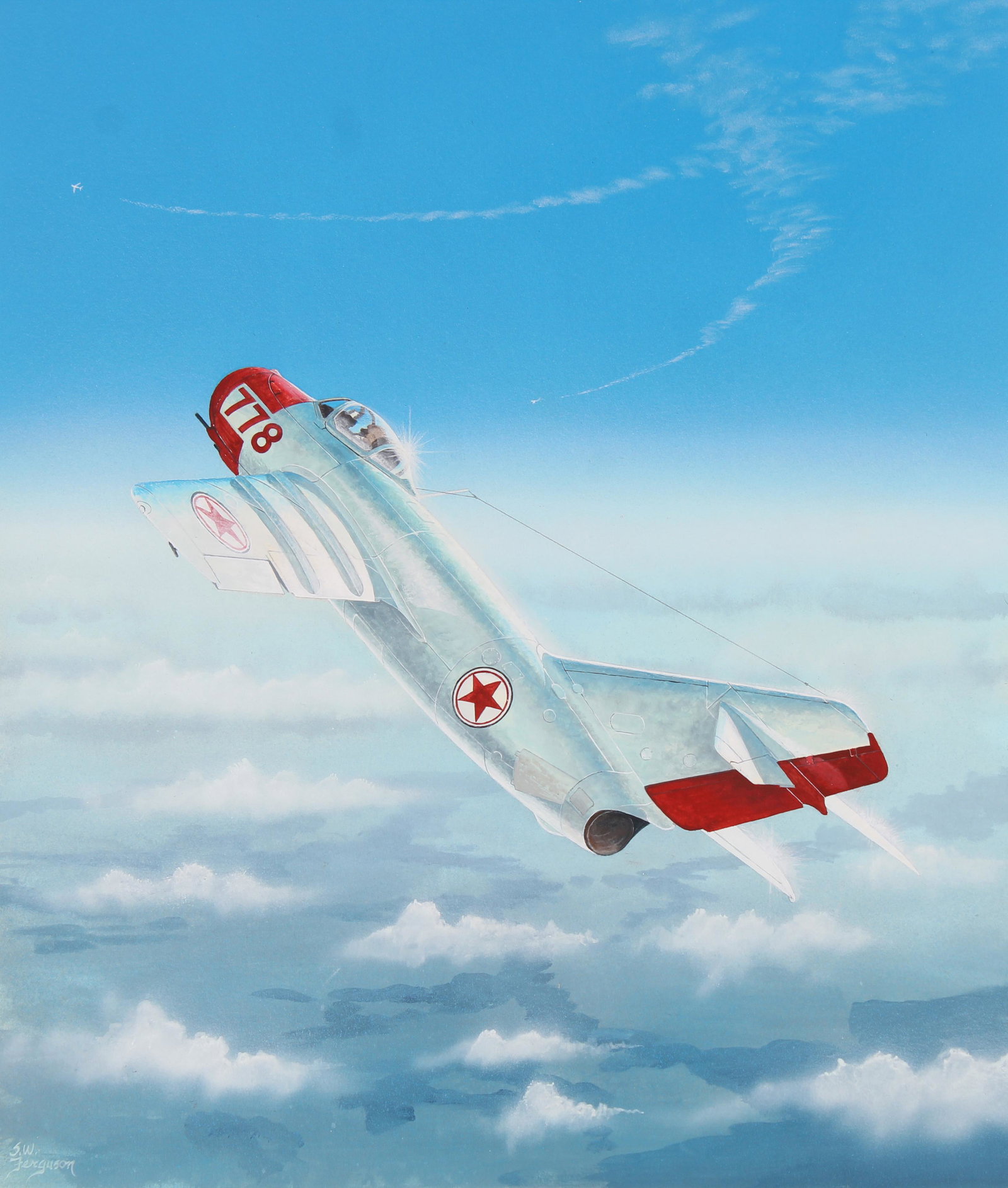 Steve Ferguson (B. 1946) "MiG-15": Steve Ferguson (American, B. 1946) "MiG-15" Signed lower left. Original Mixed Media painting on Cold Press Illustration Board. Provenance: Collection of James A. Helzer (1946-2008), Founder of Unicove