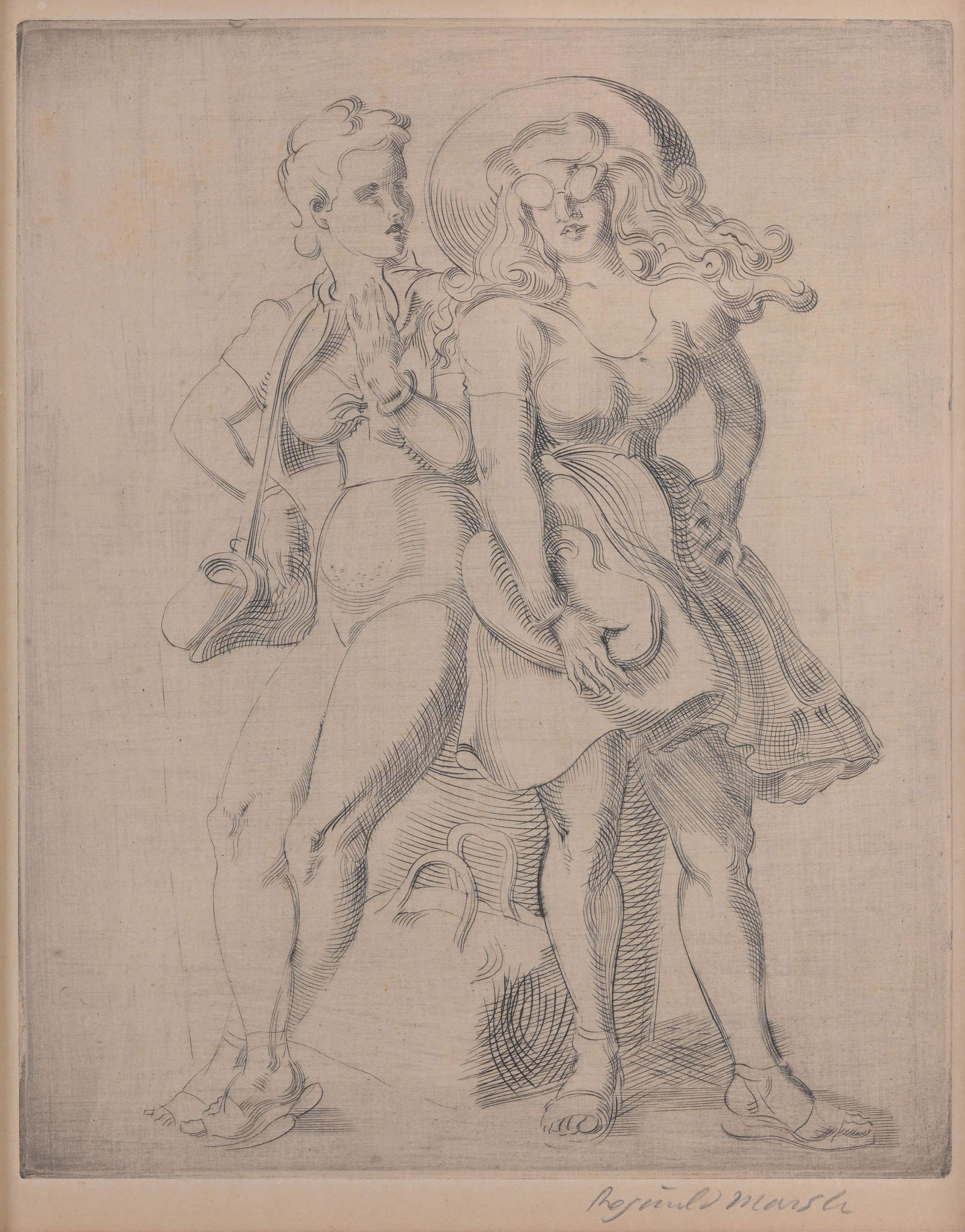 Reginald Marsh (1898 - 1984) "League Print": Reginald Marsh (American, 1898 - 1984) "League Print" - 1949 Engraving. Pencil signed lower right. Sight Size: 9.75 x 8 in. Overall Framed Size: 20 x 18 in. Framed behind glass.