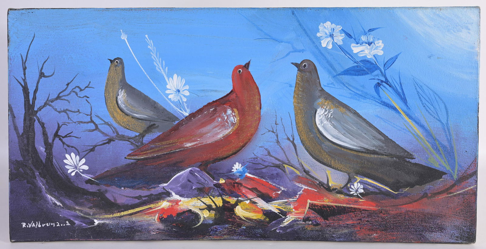 Reginald Valbrun (Haitian, 1938 - 1992): Reginald Valbrun (Haitian, 1938 - 1992) Oil on Canvas. Signed lower left. Size: 12.25 x 24 in. Unframed.