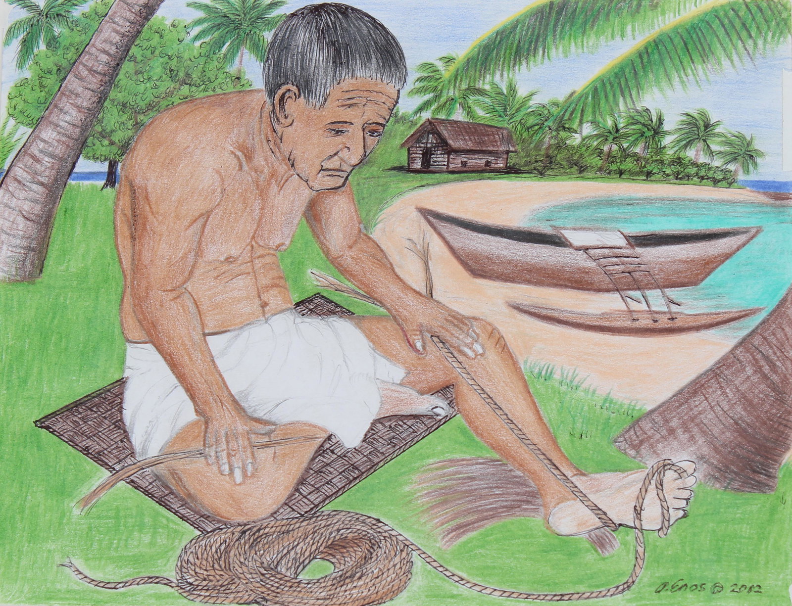 Amram Enos (B. 1950) "Tobolar Coconut Tree": Amram Enos (Marshallese, B. 1950) "Tobolar Coconut Tree; Twisting into Twine and Rope" Signed lower right. Original Colored Pencil on Paper. Provenance: Collection of James A. Helzer (1946-2008), Foun