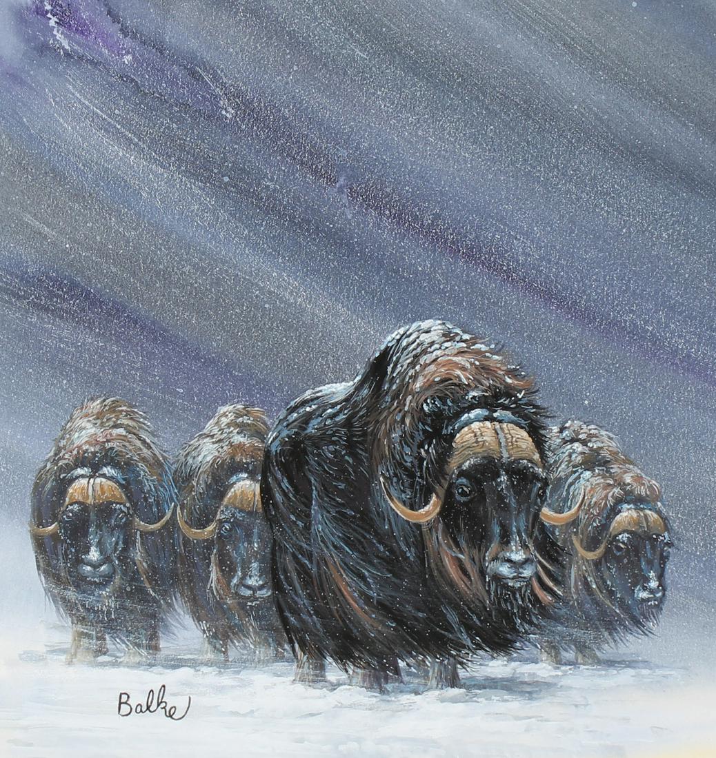 Don Balke (B. 1933) "Tundra Muskox": Don Balke (North Carolina, B. 1933) "Tundra Muskox" Signed lower left. Original Watercolor on Illustration Board. Provenance: Collection of James A. Helzer (1946-2008), Founder of Unicover Corporation