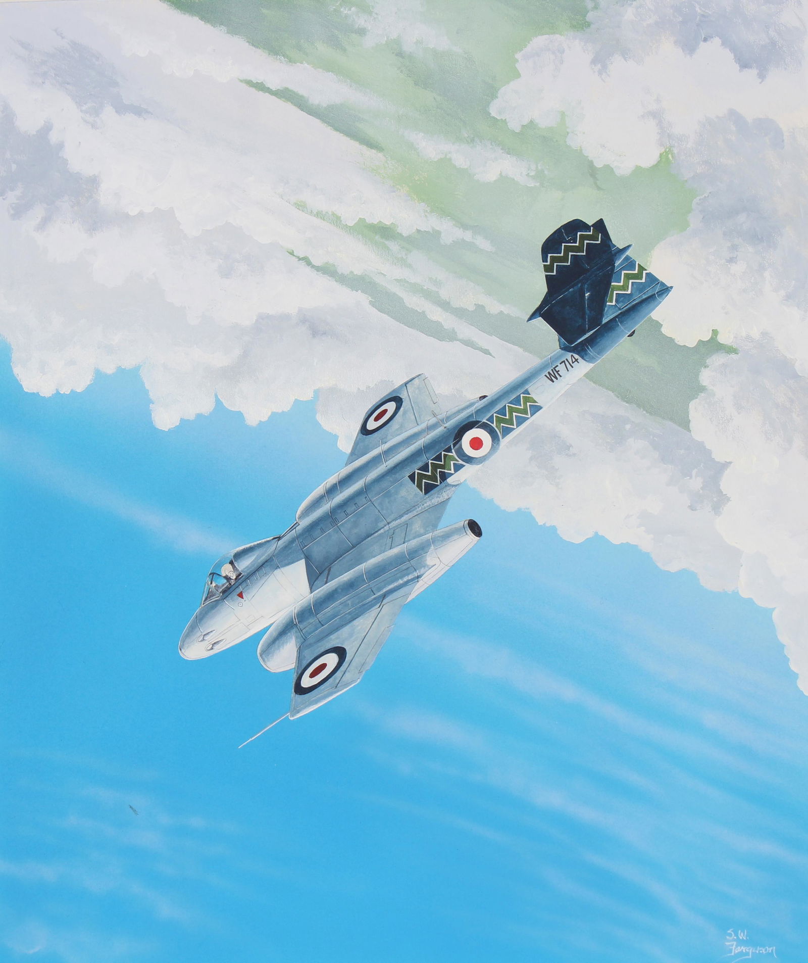 Steve Ferguson (B. 1946) "Meteor F.MK8": Steve Ferguson (American, B. 1946) "Meteor F.MK8" Signed lower right. Original Mixed Media painting on Cold Press Illustration Board. Provenance: Collection of James A. Helzer (1946-2008), Founder of