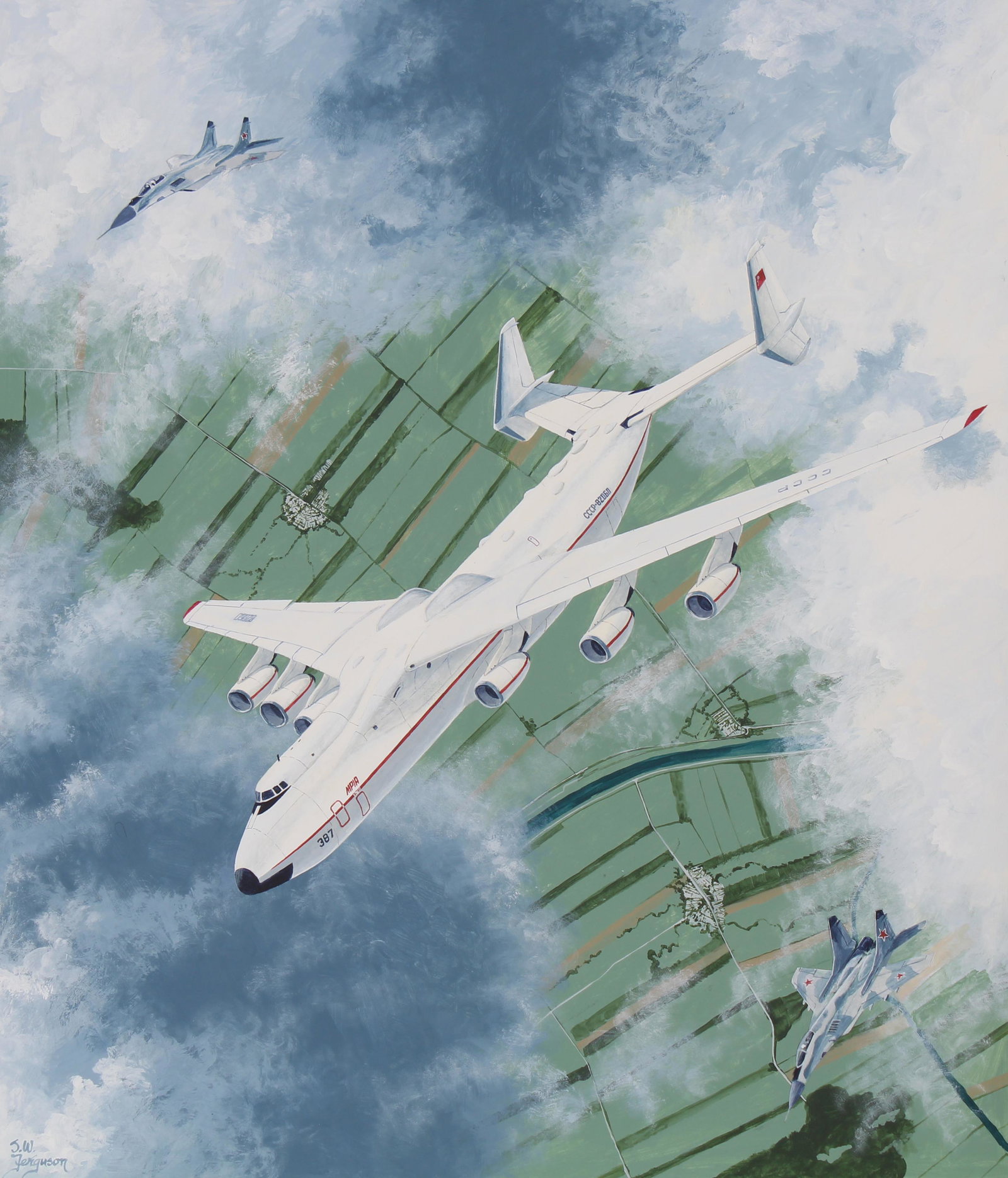 Steve Ferguson (B. 1946) Antonov AN-225 "Mriya": Steve Ferguson (American, B. 1946) "Antonov AN-225 "Mriya"" Signed lower left. Original Watercolor painting on Cold Press Illustration Board. Provenance: Collection of James A. Helzer (1946-2008), Fou