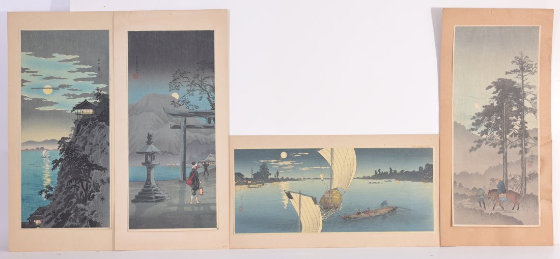 (4) Shotei Hiroaki (1871-1945) Woodblock Prints: (4) Shotei Hiroaki (1871-1945) Woodblock Prints. Image size: 14.5 x 6.5 inches (each).