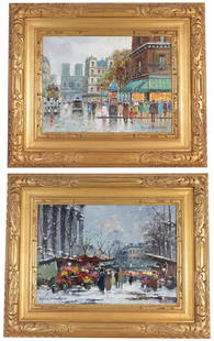 (2) Antoine Blanchard (French, 1910 - 1988): Antoine Blanchard (French, 1910 - 1988) "Paris Street Scenes" Oil on Canvas. Signed lower margins. Inscribed verso with inventory numbers. Sight Sizes: 13 x 18 in. Overall Framed Sizes: 21 x 26