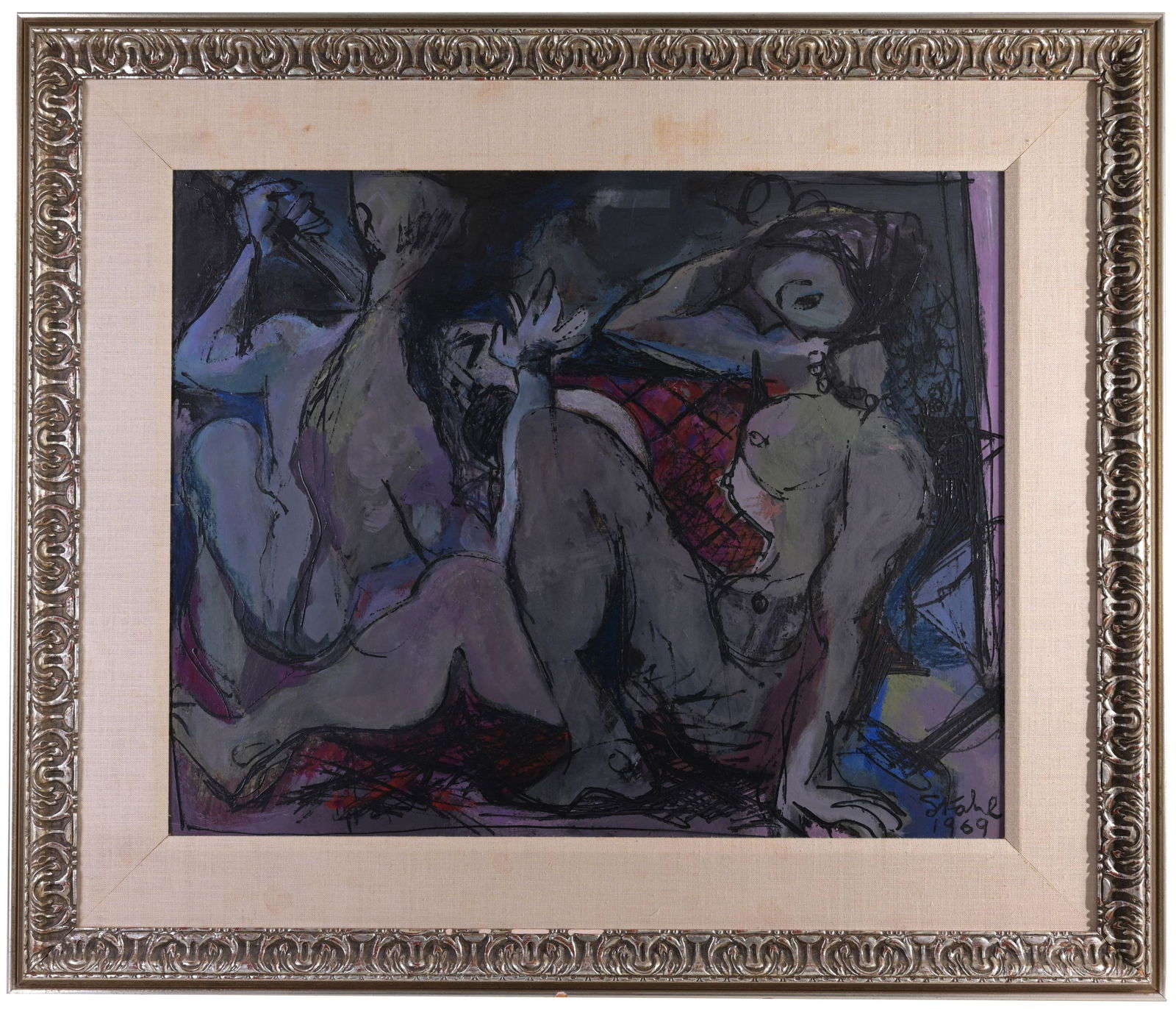 Ben Stahl (1910-1987) Reclining Nude Painting: Ben Stahl (American, 1910-1987) "Reclining Nude" Oil on Board. Signed and dated (1969) lower right. Sight Size: 20 x 26 in. Overall Framed Size: 30 x 35 in.