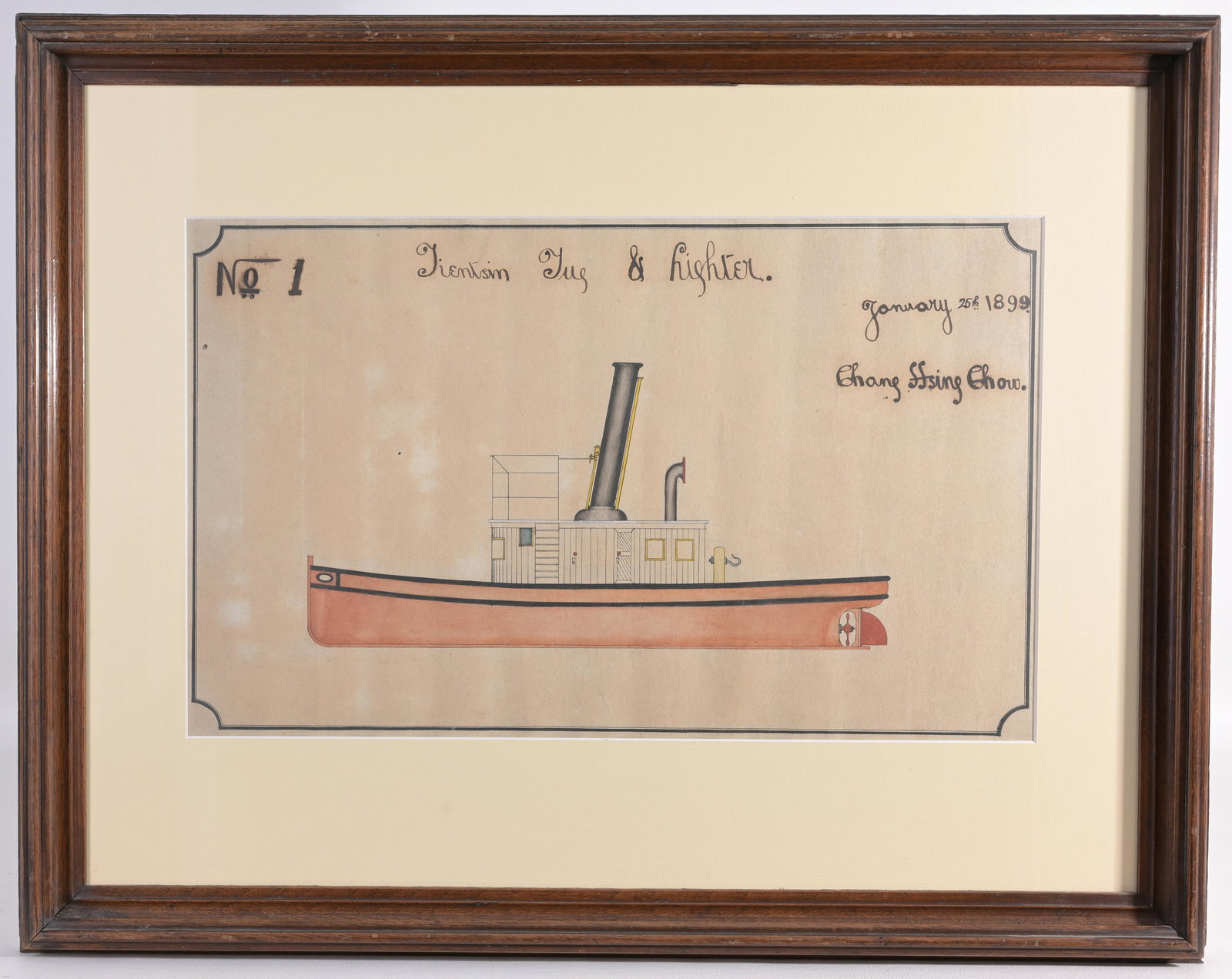 Chinese 19th C Watercolor "Tientsim Tug & Lighter": 19th C. Watercolor "Tientsim Tug & Lighter" Chag Ffsing Chow - 1899 Image Size: 10.25 x 17 in. Overall Framed Size: 19 x 24 in. Framed behind glass.