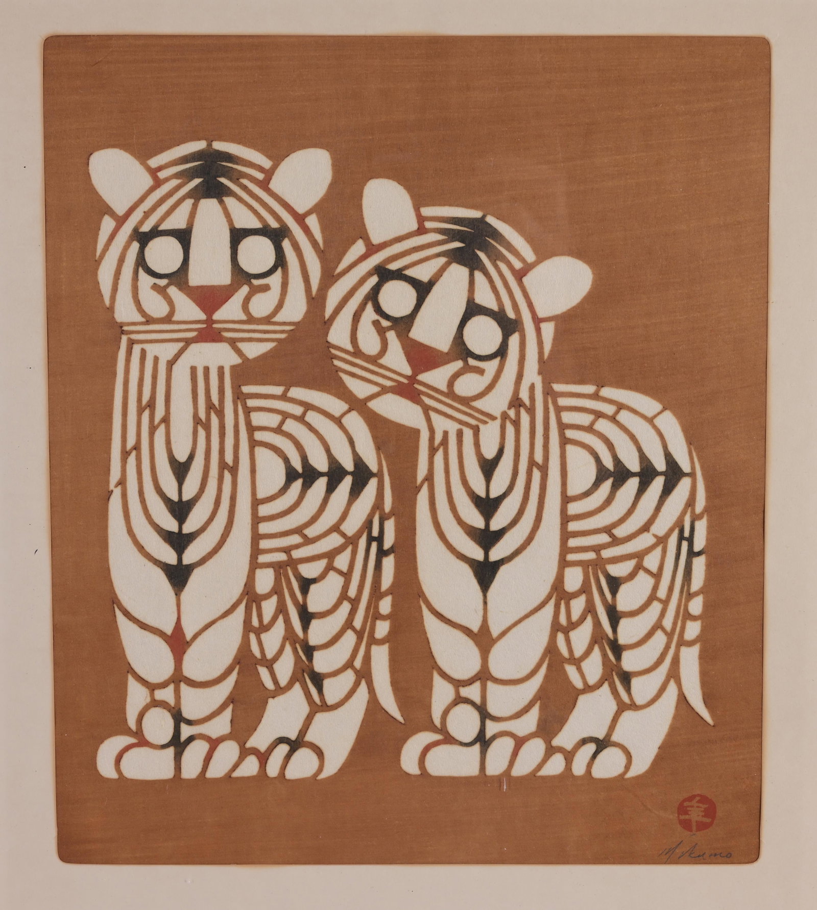 Toshijiro Inagaki (1902-1963) Woodblock: Toshijiro Inagaki (1902-1963) "Tiger Cubs" Woodblock. Pencil signed and numbered lower margins. Image Size: 10.75 x 9.25 in. Overall Framed Size: 20 x 14.25 in. Framed behind glass. Toshijiro Inagaki 
