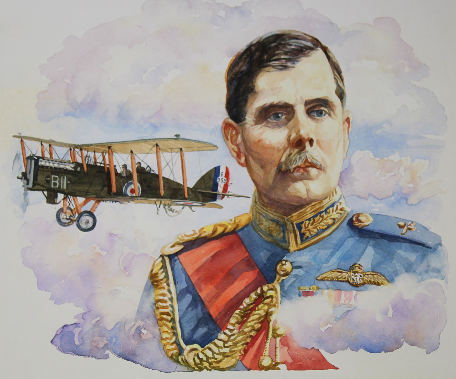 Brian Sanders (B. 1937) "Hugh Trenchard" W/C: Brian Sanders (British, B. 1937) "Hugh Trenchard and DH9A" Original Watercolor on paper painting. Provenance: Collection of James A. Helzer (1946-2008), Founder of Unicover Corporation. This painting