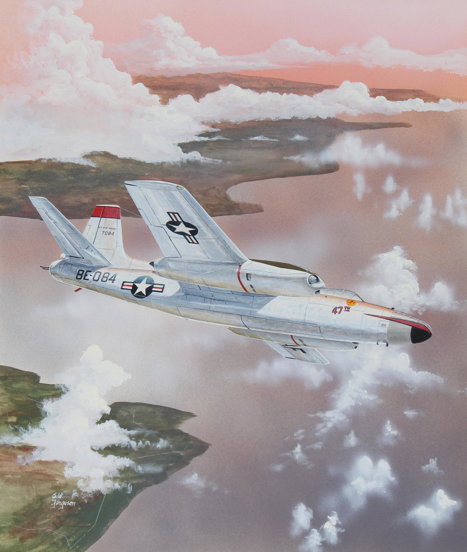 Steve Ferguson (B. 1946) N. American B-45 Tornado: Steve Ferguson (American, B. 1946) "North American B-45 Tornado Airplane" Signed lower left. Original Acrylic painting on Cold Press Illustration Board. Provenance: Collection of James A. Helzer (1946