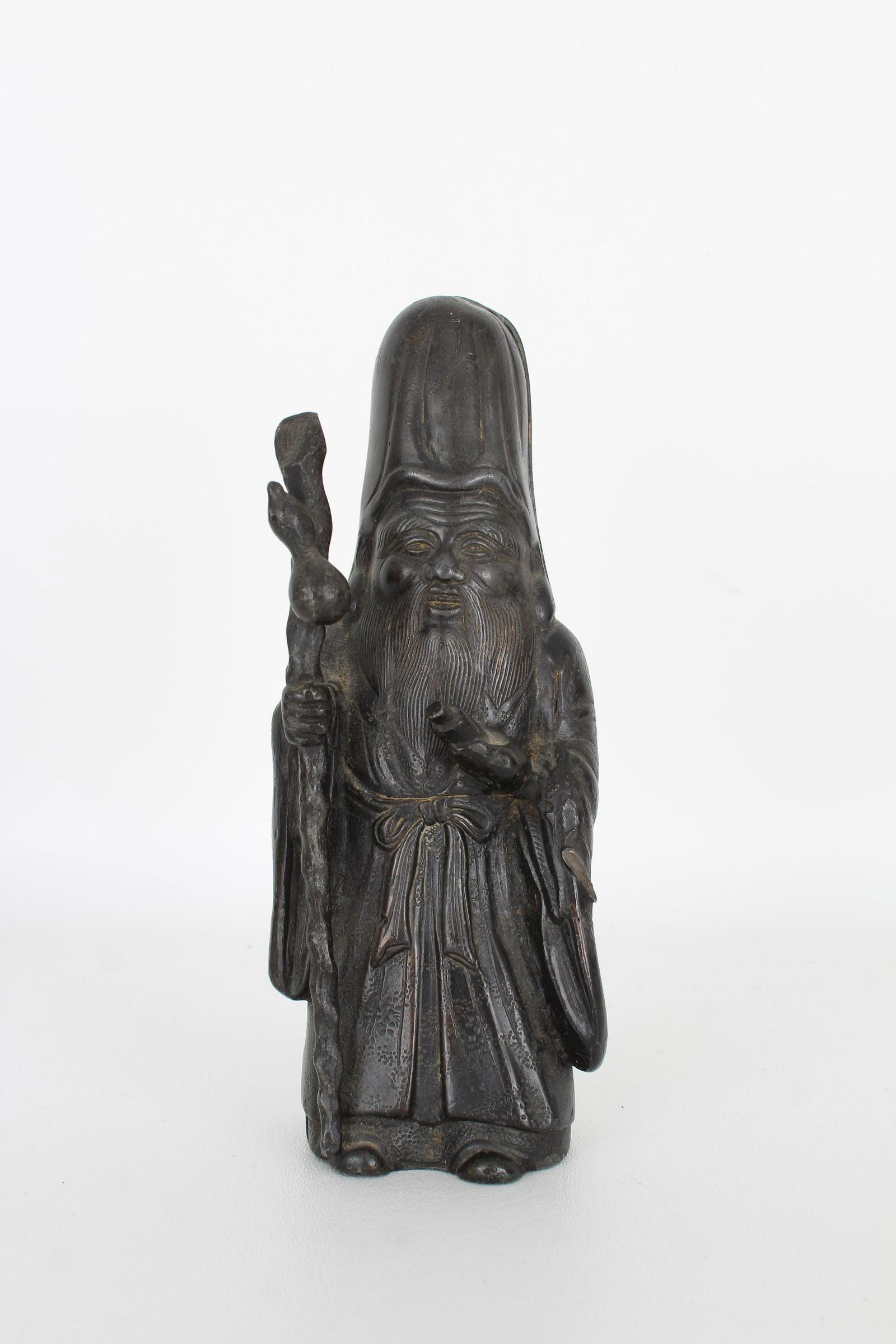 Early Antique Chinese Louhan Figure: Early Antique Chinese Louhan Figure with Staff. Height: 7.75 inches.