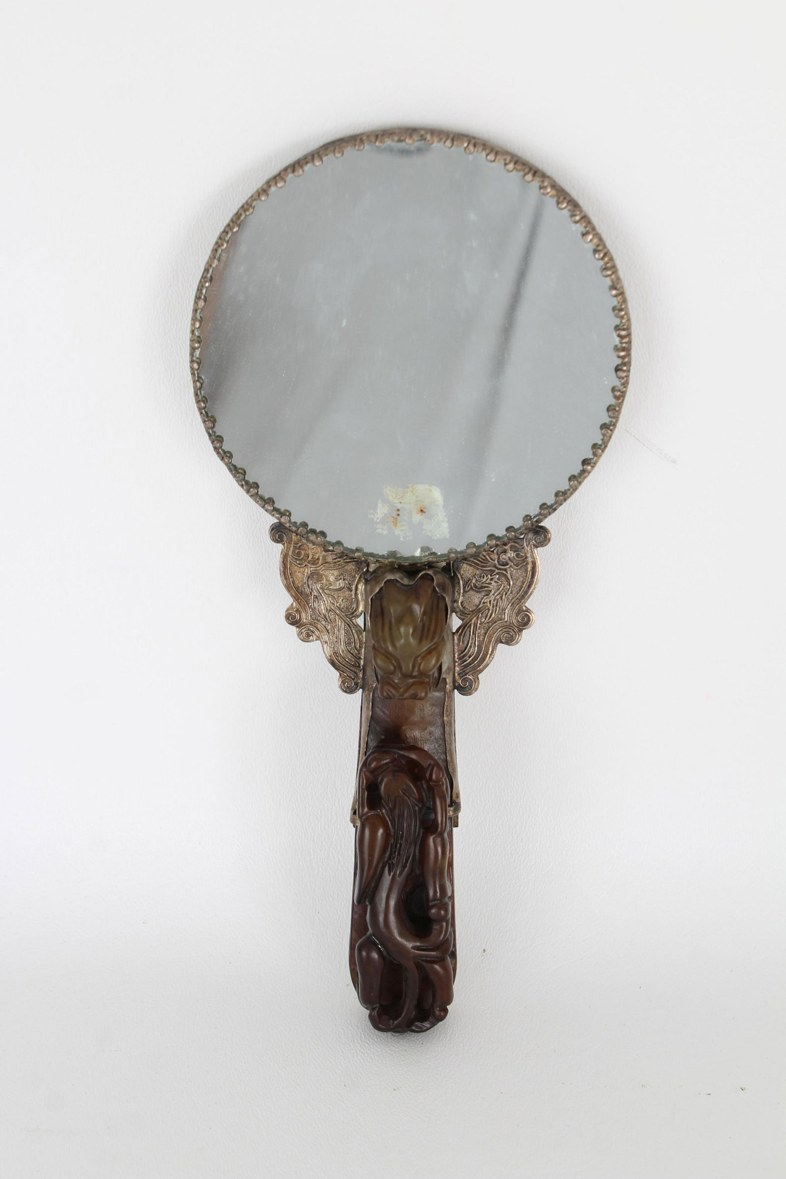 Silver Chinese Dragon Mirror, Carved Jade Handle (1 of 5)