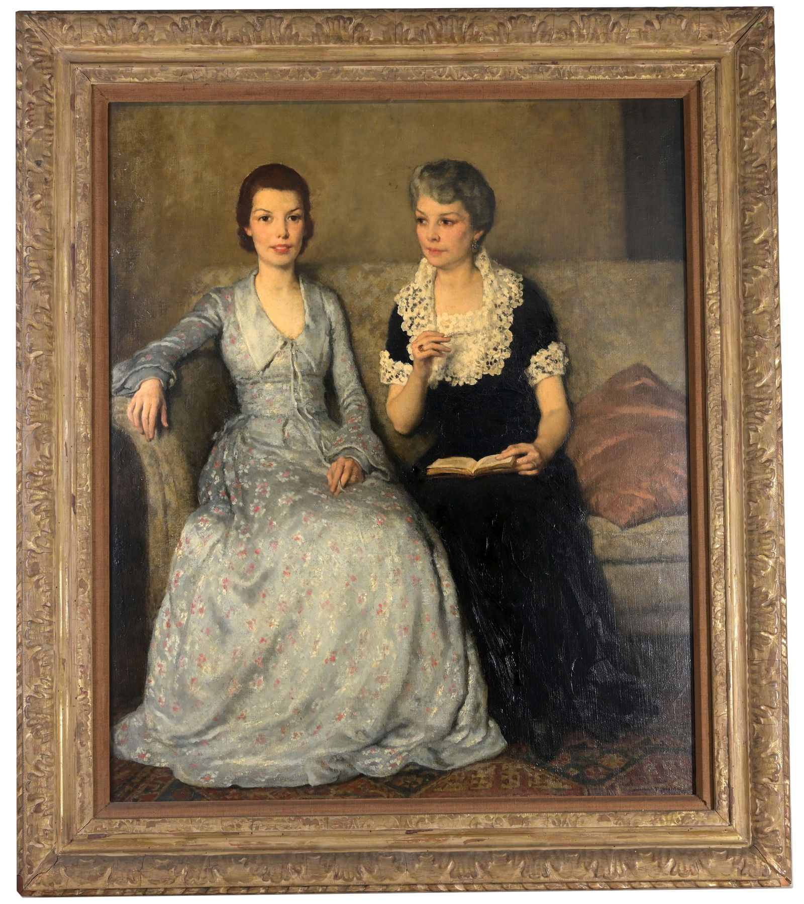 Francis L Mora (1874 - 1940) "Conversation Piece": Francis Luis Mora (American, 1874 - 1940) "Conversation Piece" Oil on canvas painting of the artist's wife in an interior setting. Signed and dated lower right. Housed in a Newcomb Macklin frame. Prov