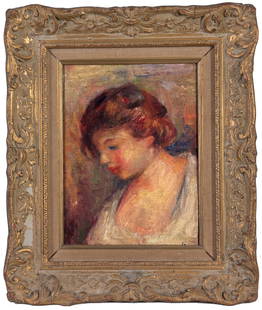 French School, Painting of a Red Haired Beauty: French School, Painting of a Red Haired Beauty. Oil on canvas laid on board. 19th/20th century. Appears to be unsigned. Provenance: From the Estate of Francis Luis Mora (New York, Connecticut, 1874 -