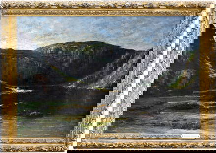 Gustave Courbet (1819 - 1877) "Cliff Near Ornans": Gustave Courbet (French, 1819 - 1877) "Rock Cliff Near Ornans" Oil on Canvas. Signed and dated '73 lower left. Depicting cliffs of gray, rock reflected in the mirror-like surface of river Loue, with t