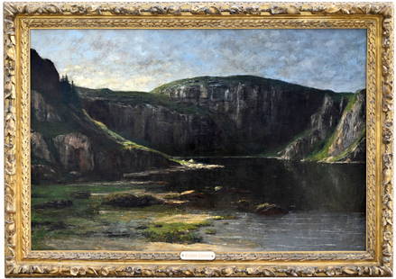 Gustave Courbet (1819 - 1877) "Cliff Near Ornans": Gustave Courbet (French, 1819 - 1877) "Rock Cliff Near Ornans" Oil on Canvas. Signed and dated '73 lower left. Depicting cliffs of gray, rock reflected in the mirror-like surface of river Loue,