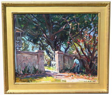 Emile Gruppe (1896-1978) "The Gateway" Old Banyan: Emile Albert Gruppe (American, 1896 - 1978) "The Gateway" (Old Banyan Tree, Naples, Florida) Depicting a worker near a gate with a large Banyan tree on the opposite side. Oil on Canvas. Signed